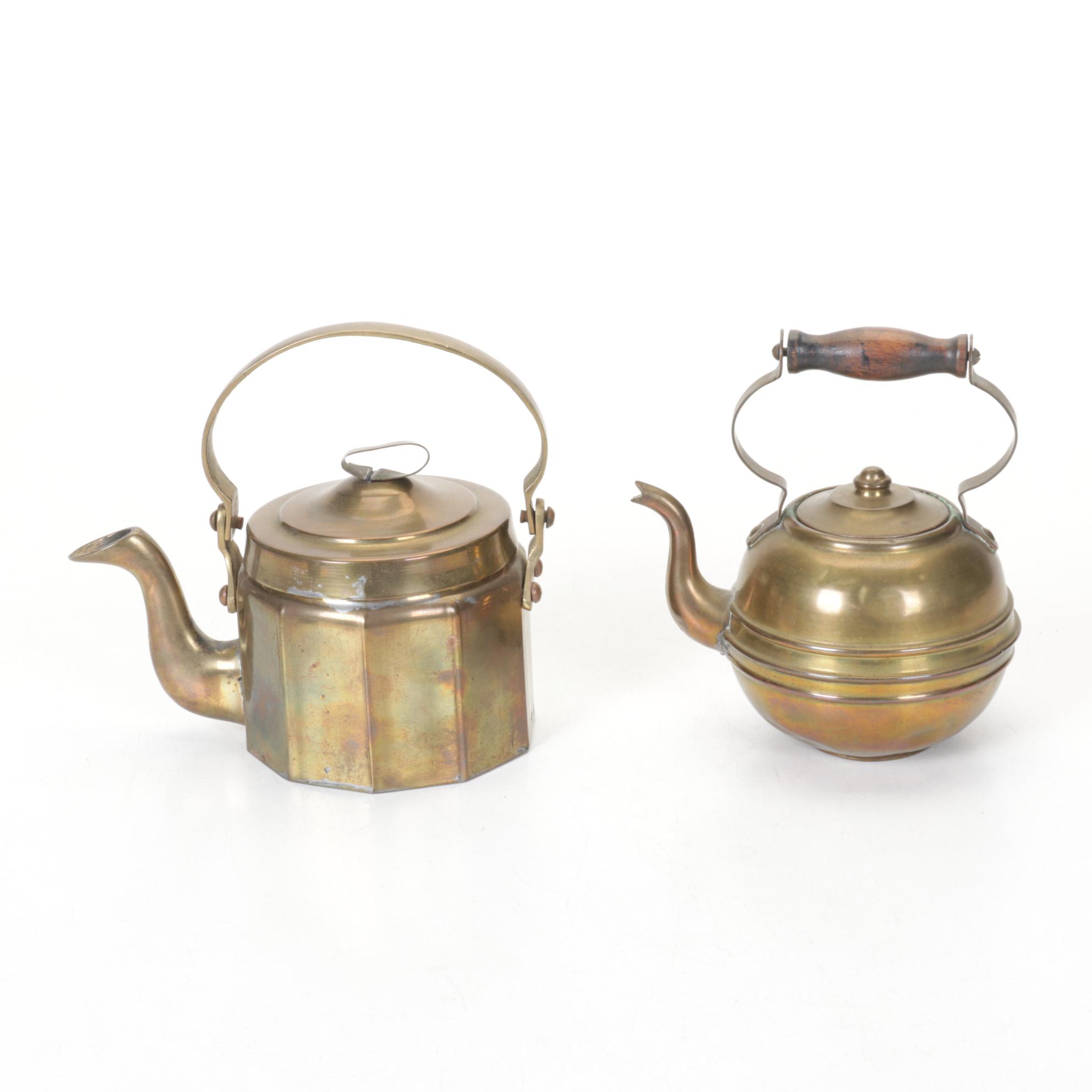Brass Teapots include Etched Floral Motif, Wood Handles and Tea Strainer