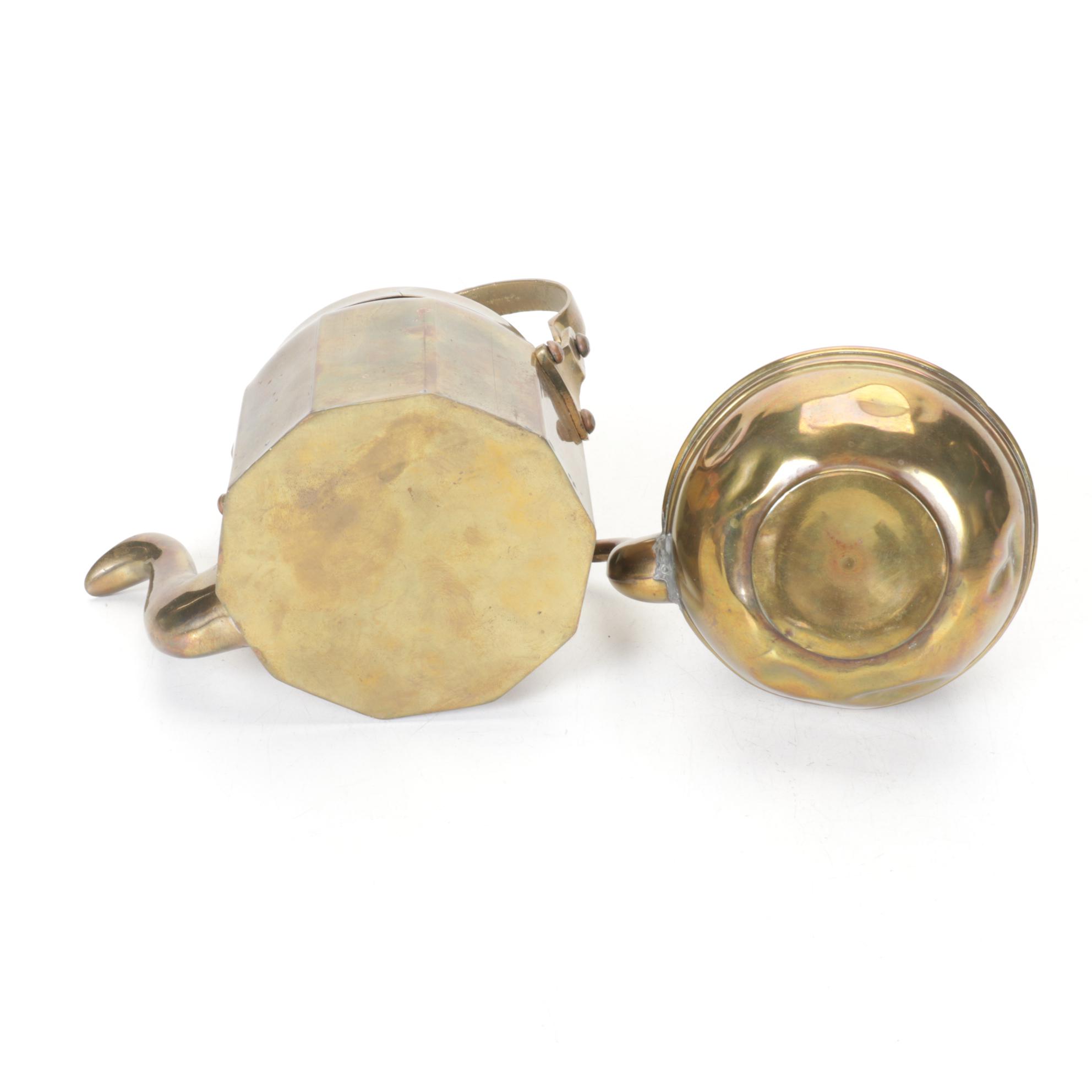 Brass Teapots include Etched Floral Motif, Wood Handles and Tea Strainer