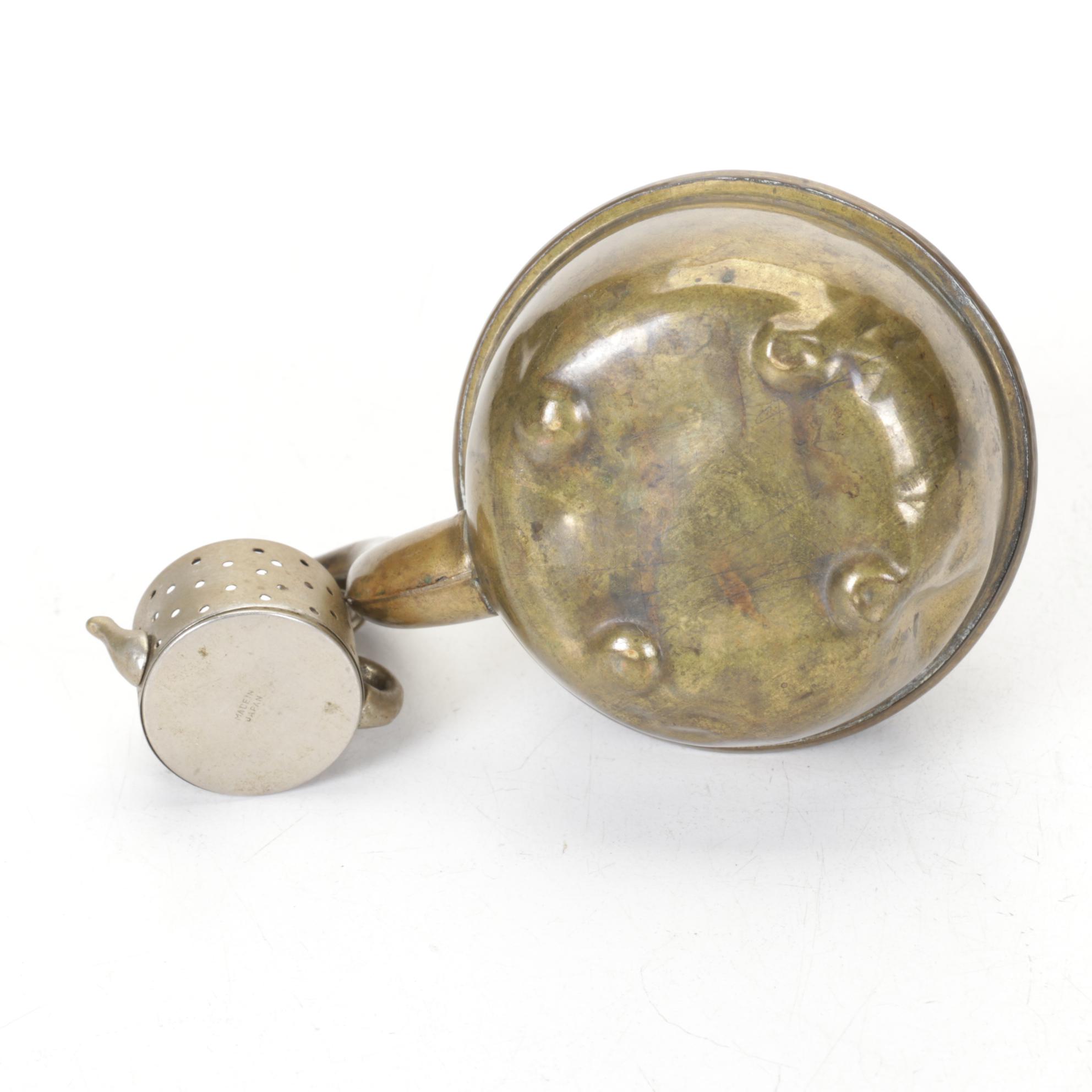 Brass Teapots include Etched Floral Motif, Wood Handles and Tea Strainer