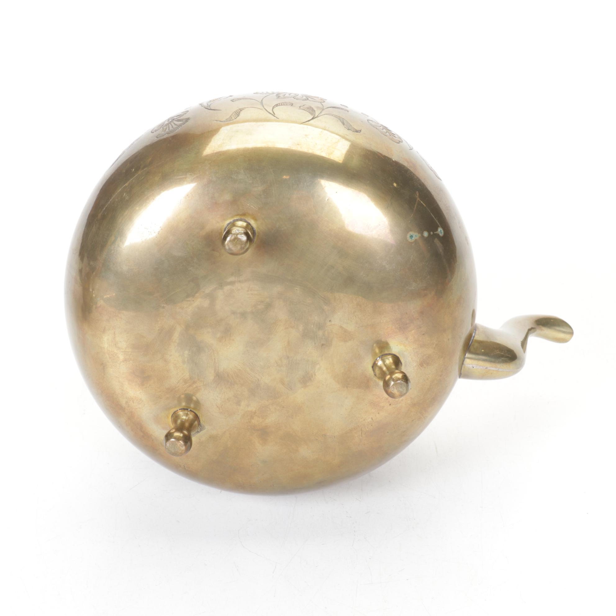 Brass and Metal Tea Kettles With Etched and Patterned Designs and Wooden Accents