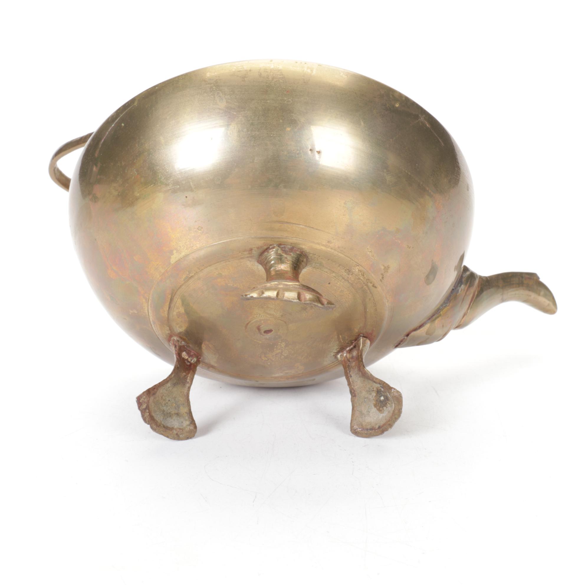 Brass and Metal Tea Kettles With Etched and Patterned Designs and Wooden Accents