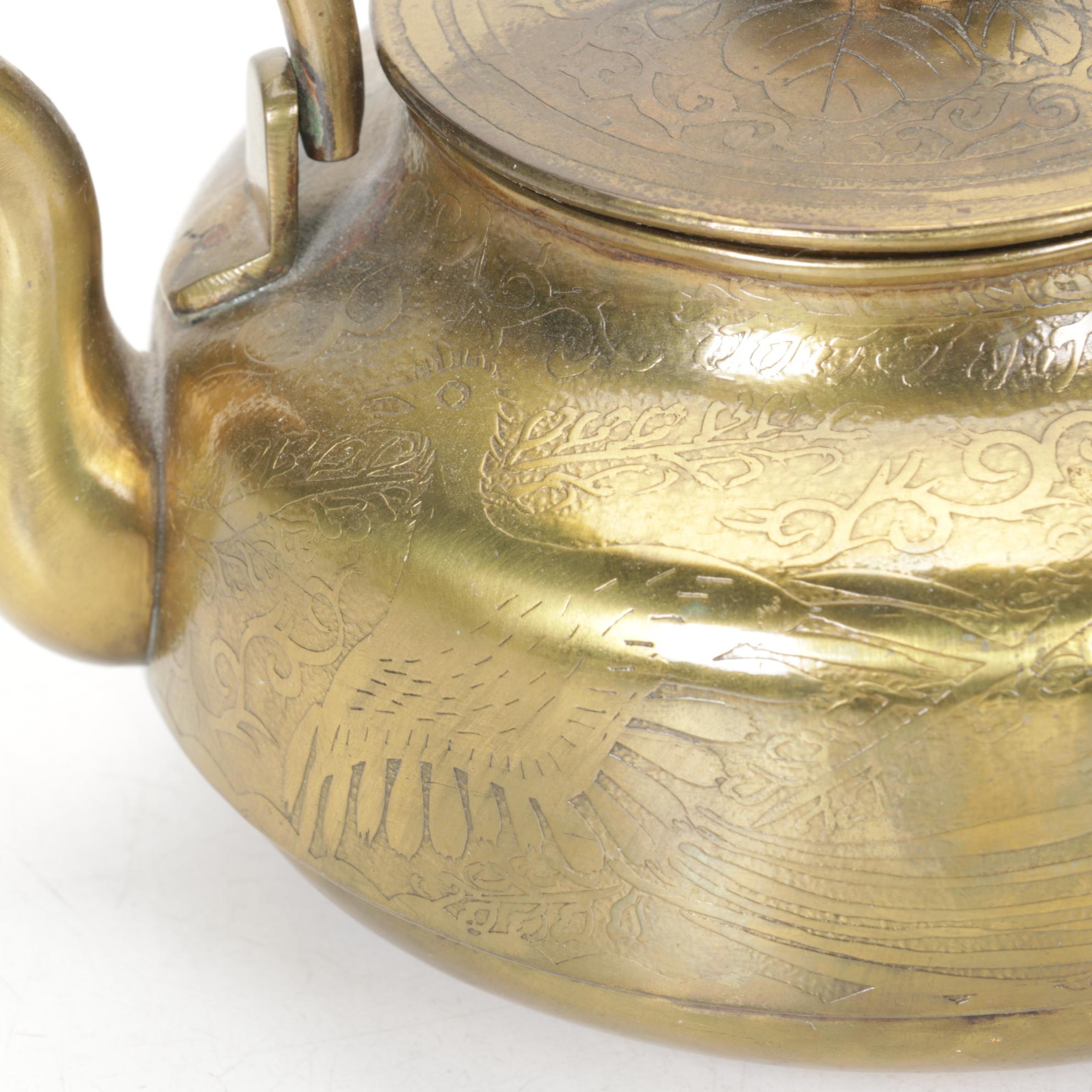 Brass and Metal Tea Kettles With Etched and Patterned Designs and Wooden Accents