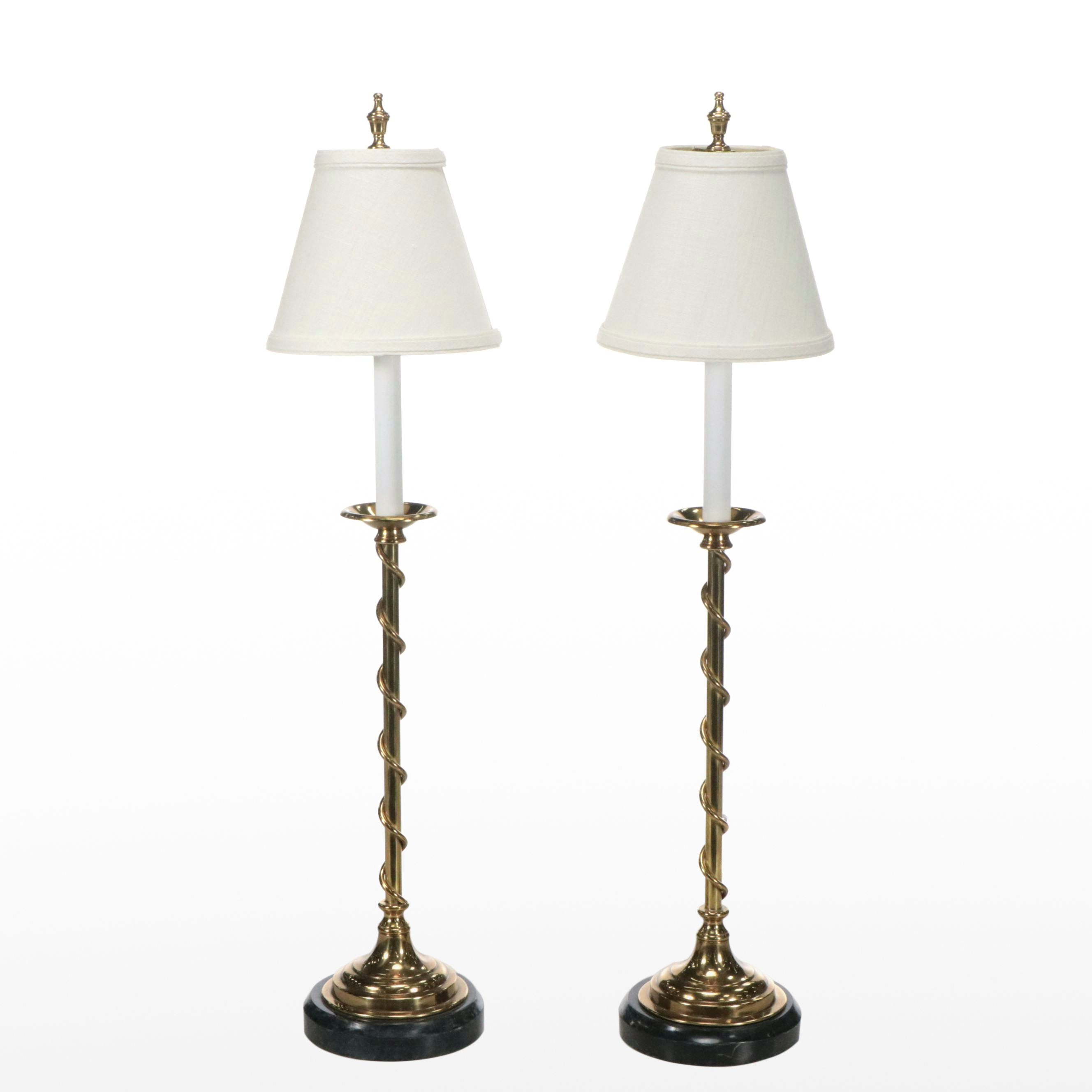 Maitland-Smith Brass Spiral Candlestick Console Lamps with Cotton Shades