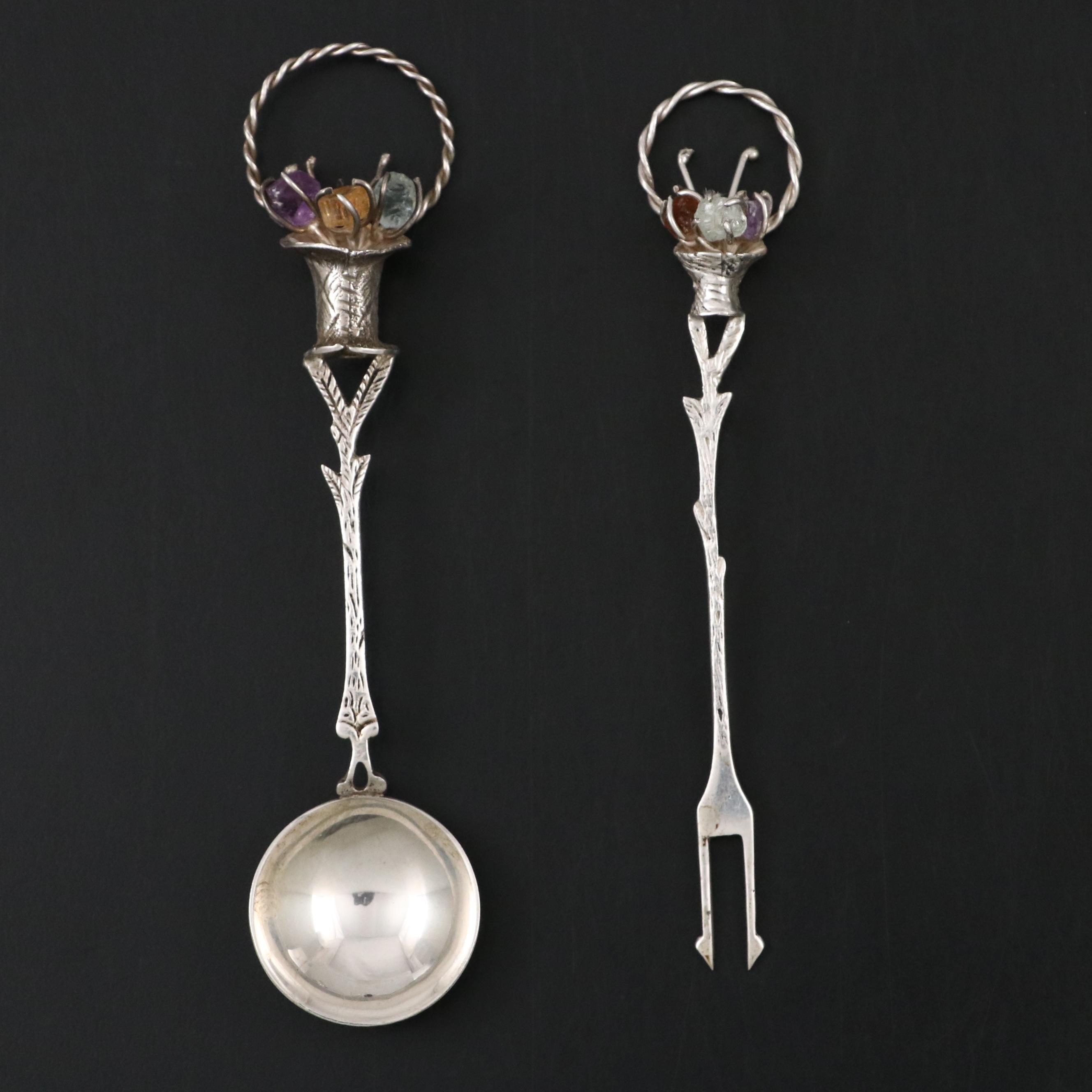 900 Silver Flower Basket Finial Relish Fork and Condiment Spoon