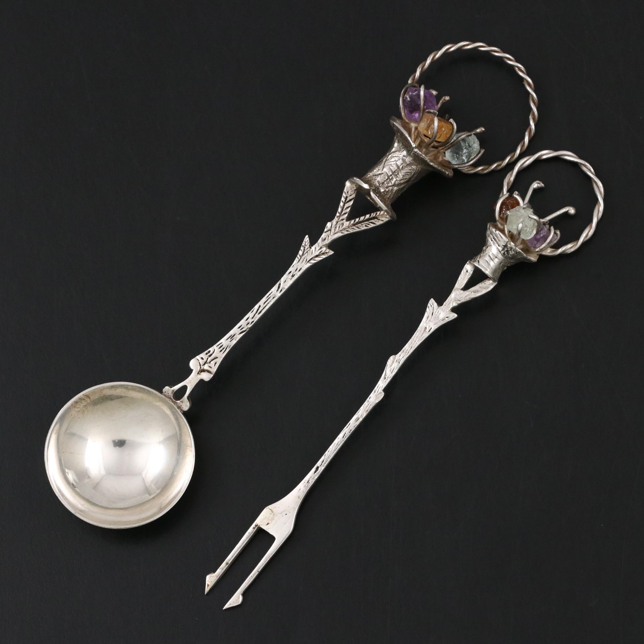 900 Silver Flower Basket Finial Relish Fork and Condiment Spoon