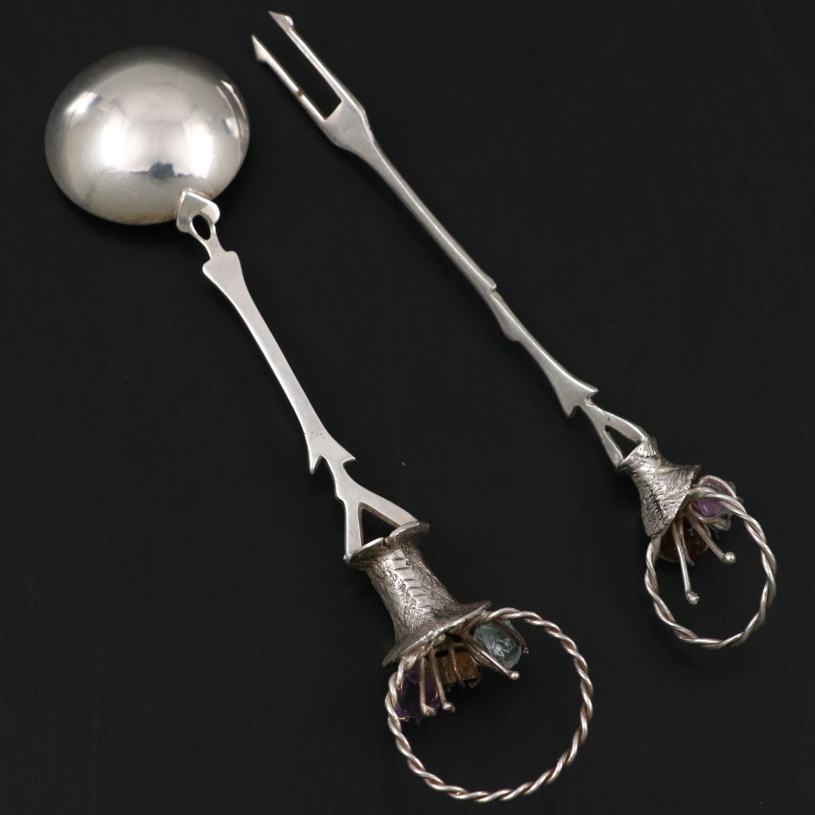 900 Silver Flower Basket Finial Relish Fork and Condiment Spoon