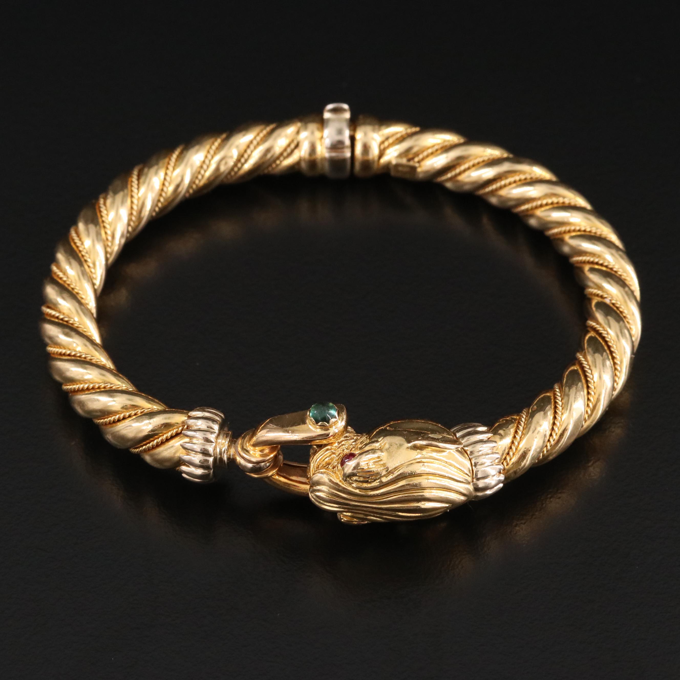 18K Ruby and Tourmaline Feline Hinged Bracelet