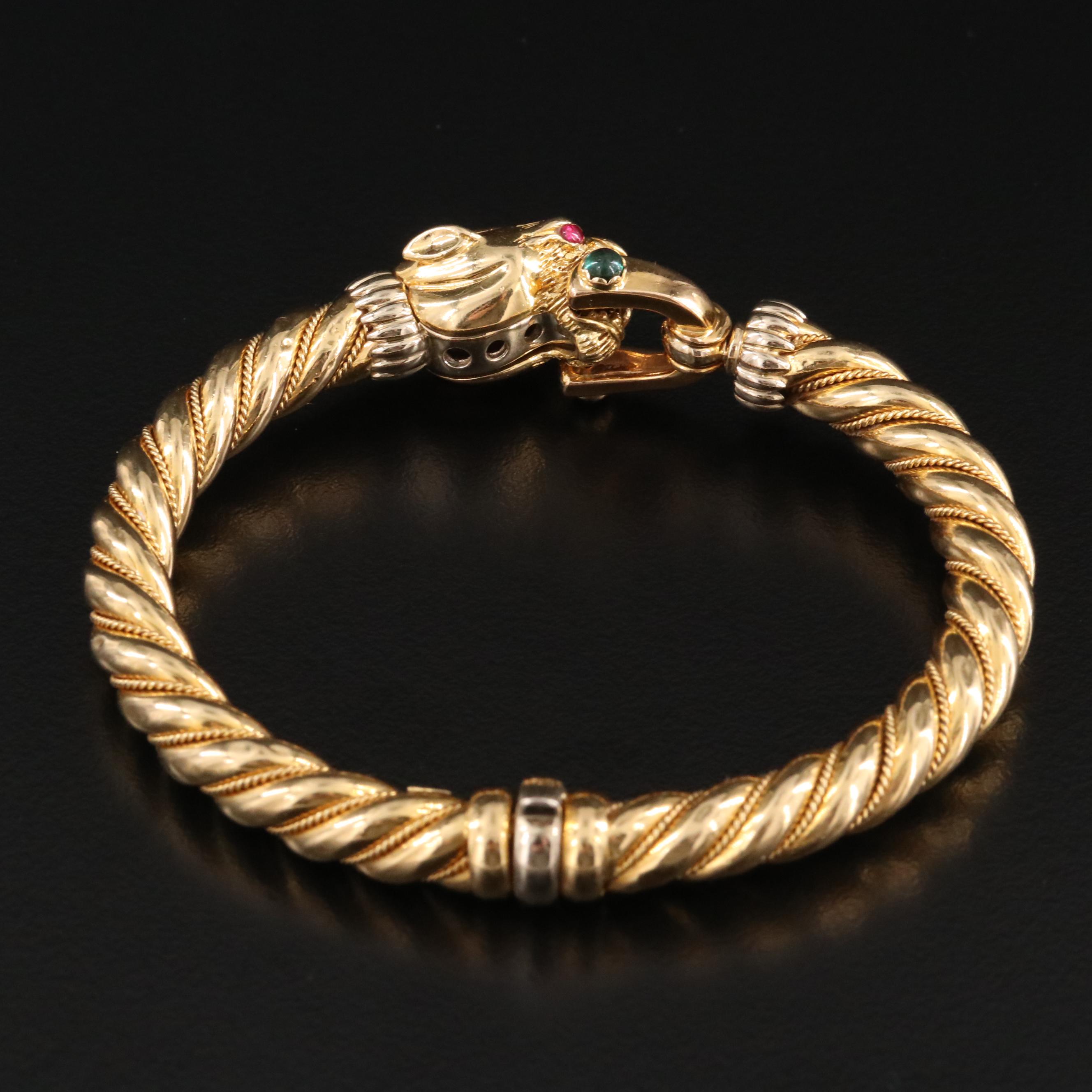 18K Ruby and Tourmaline Feline Hinged Bracelet