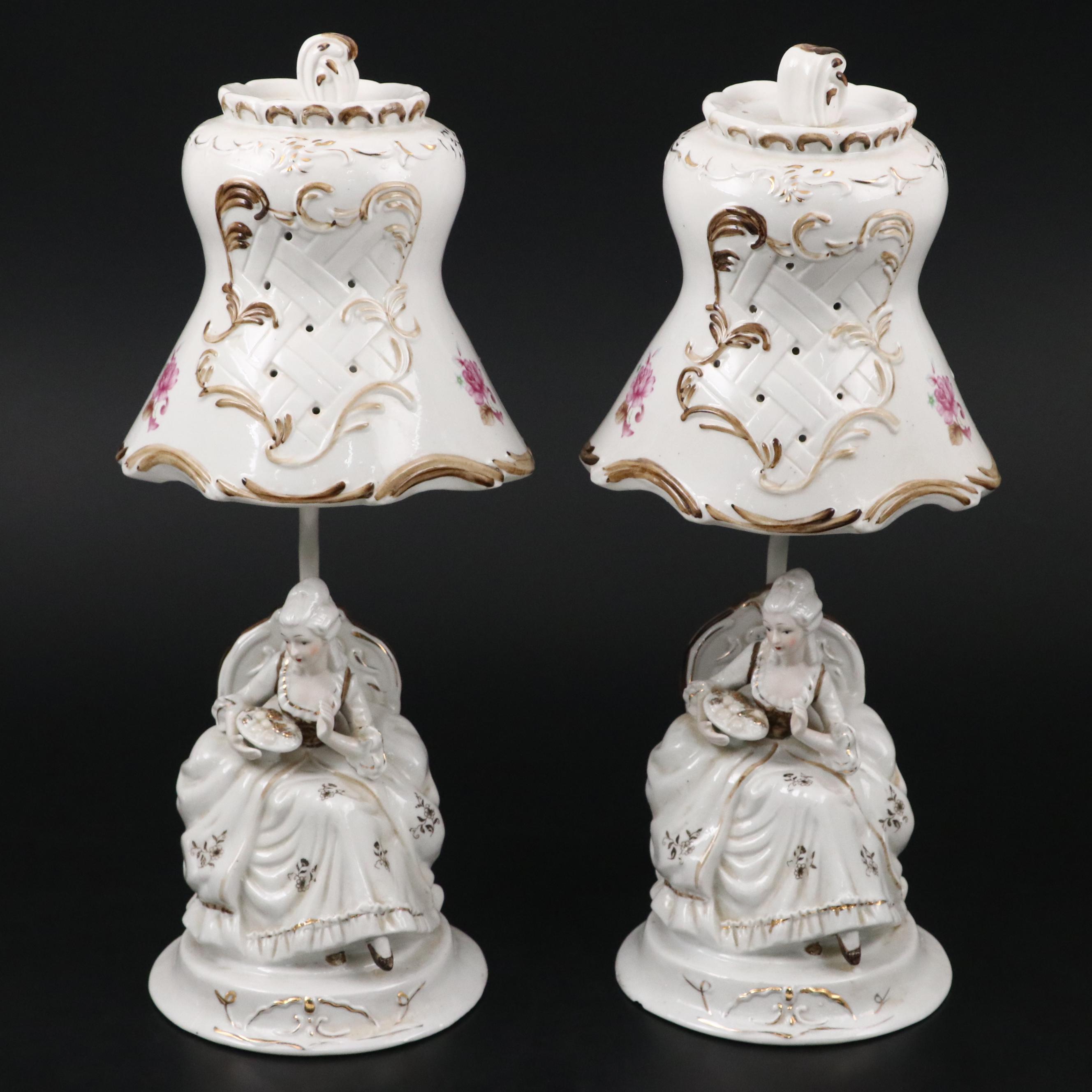 Pair of Chinese Porcelain European Lady with Basket Accent Lamps, Mid-20th C