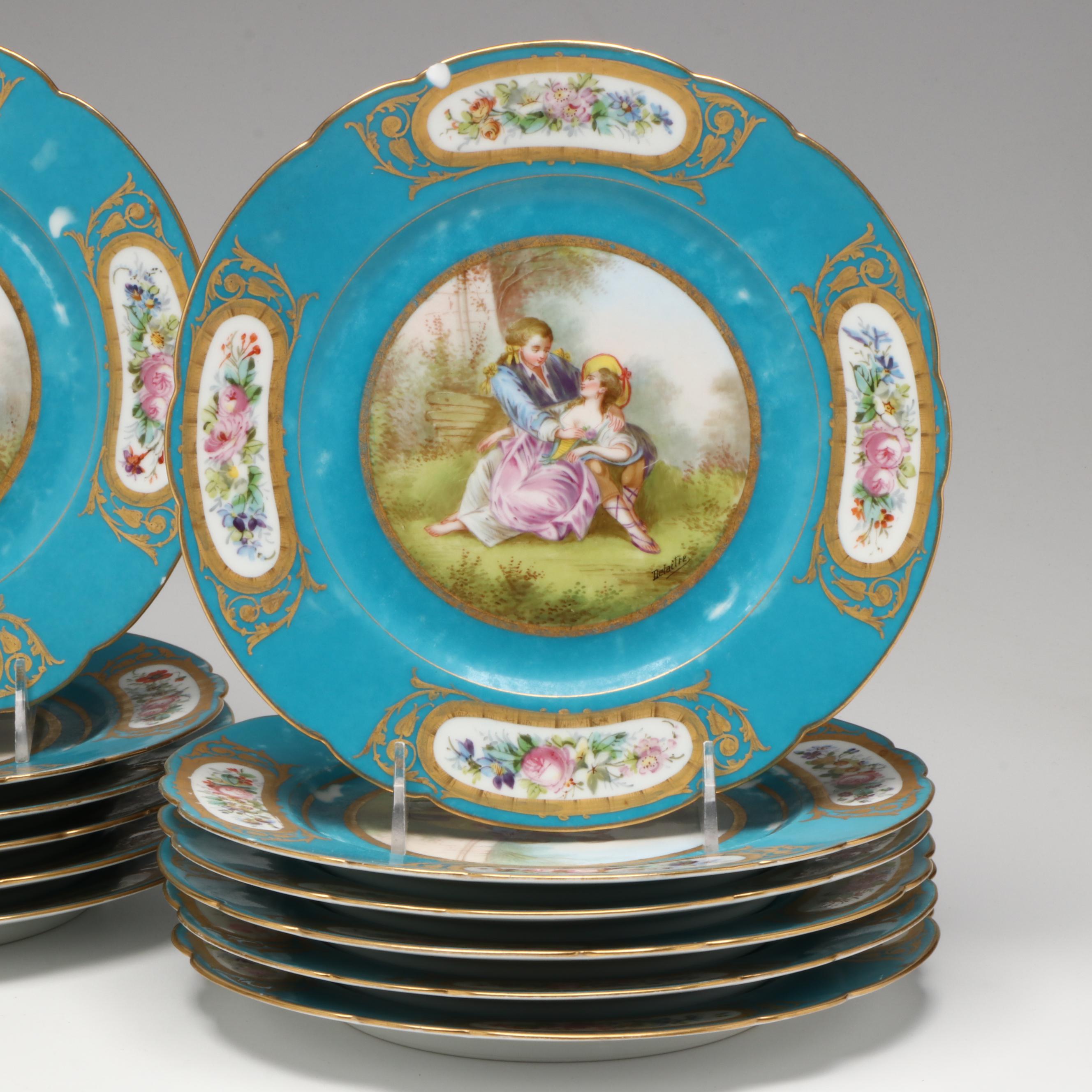 Sèvres Porcelain Bleu Céleste Plates with Two-Handled Cups and Saucers