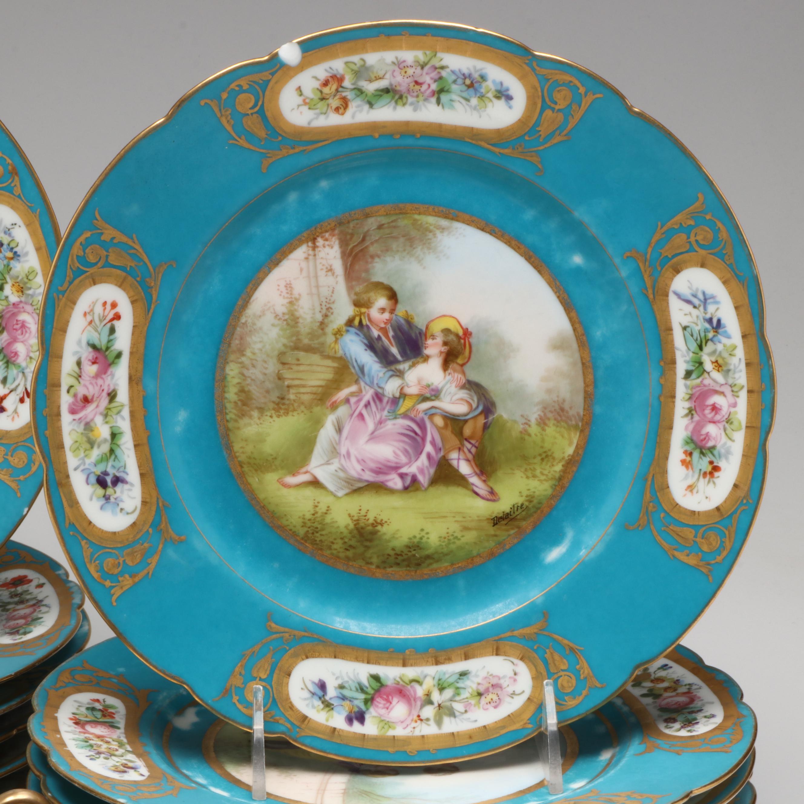 Sèvres Porcelain Bleu Céleste Plates with Two-Handled Cups and Saucers