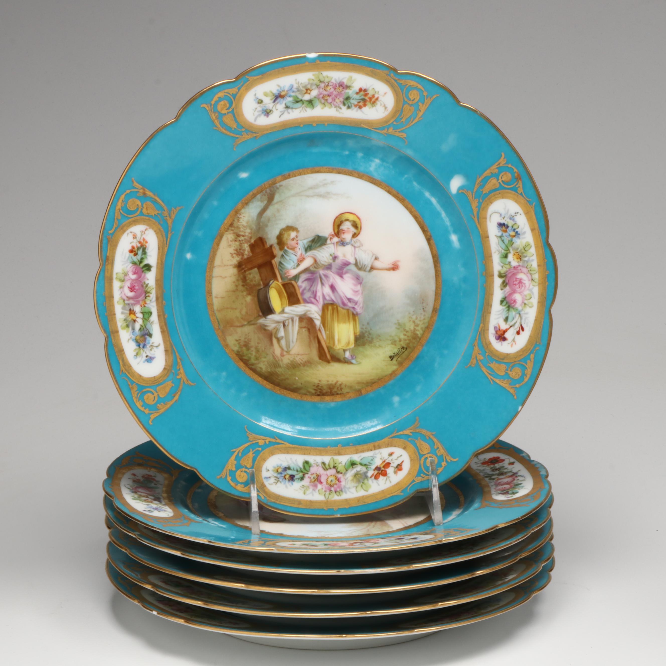 Sèvres Porcelain Bleu Céleste Plates with Two-Handled Cups and Saucers