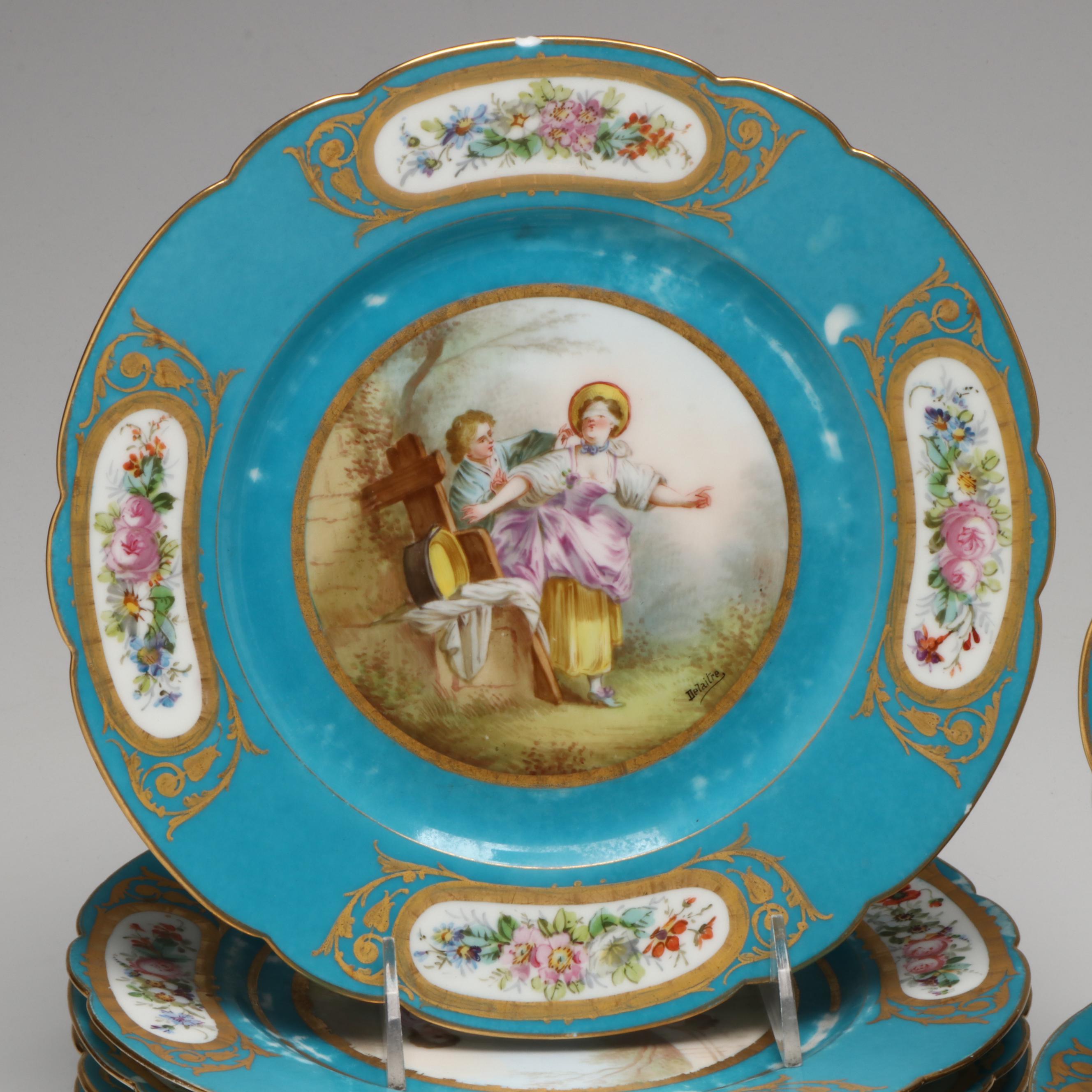 Sèvres Porcelain Bleu Céleste Plates with Two-Handled Cups and Saucers