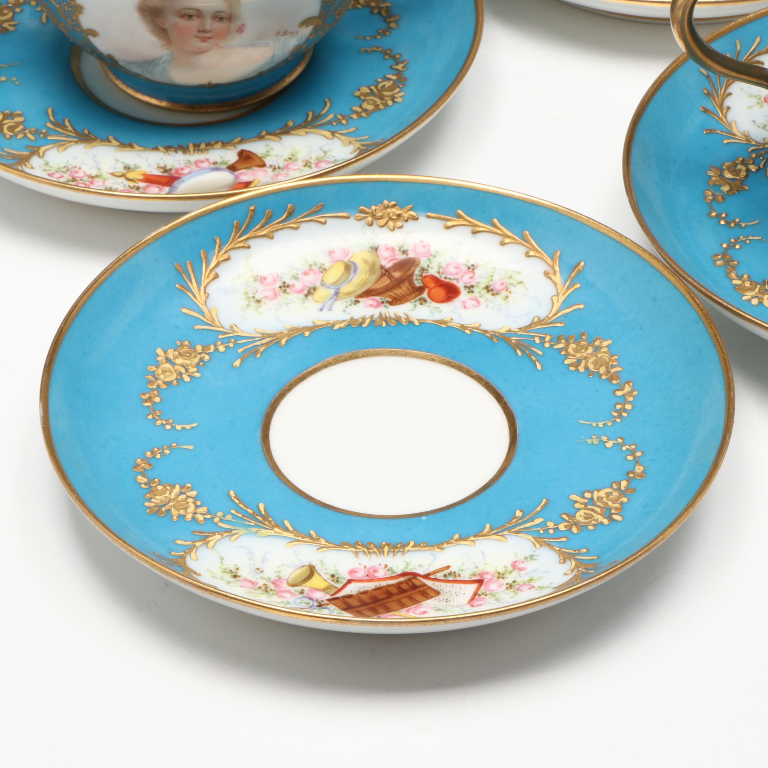 Sèvres Porcelain Bleu Céleste Plates with Two-Handled Cups and Saucers