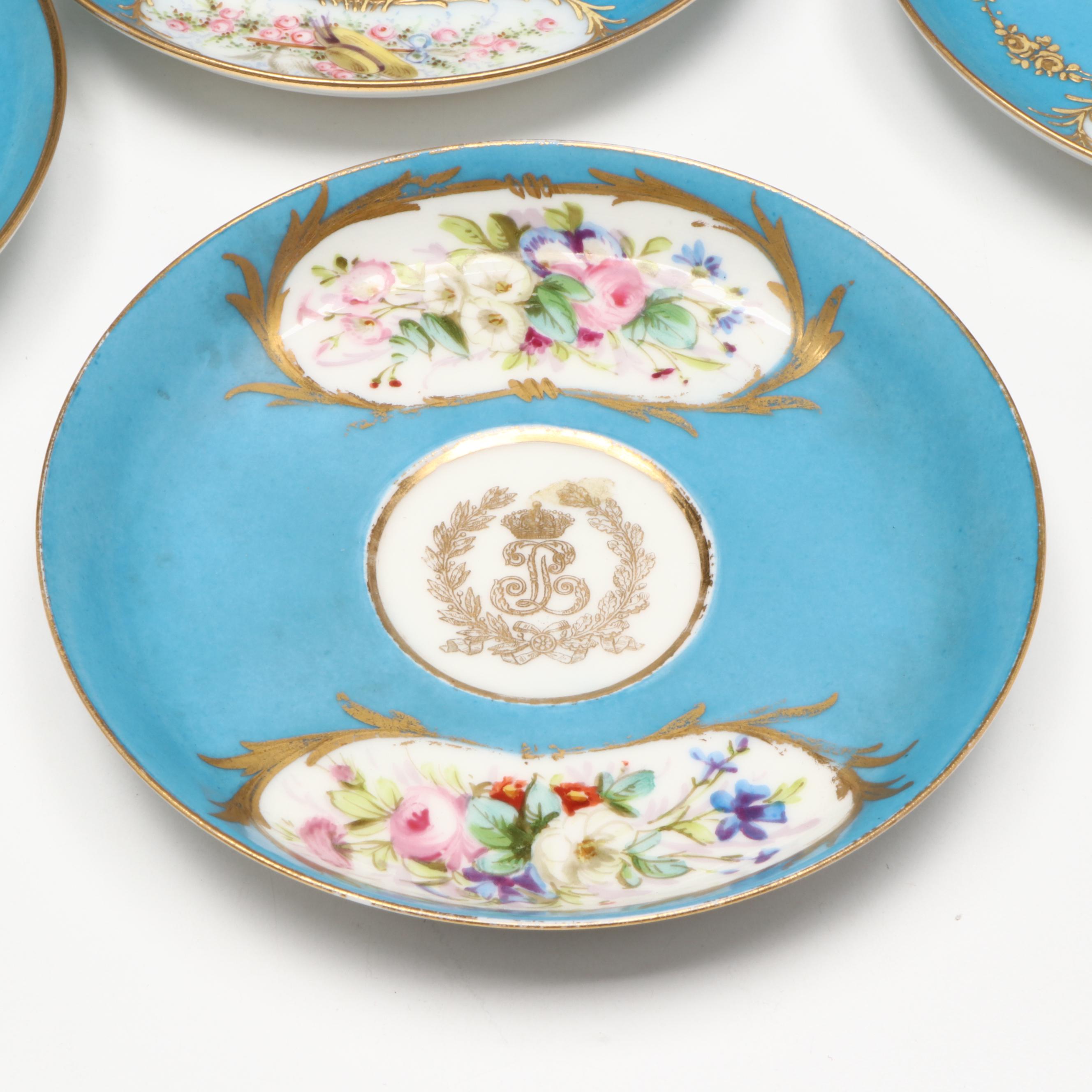 Sèvres Porcelain Bleu Céleste Plates with Two-Handled Cups and Saucers
