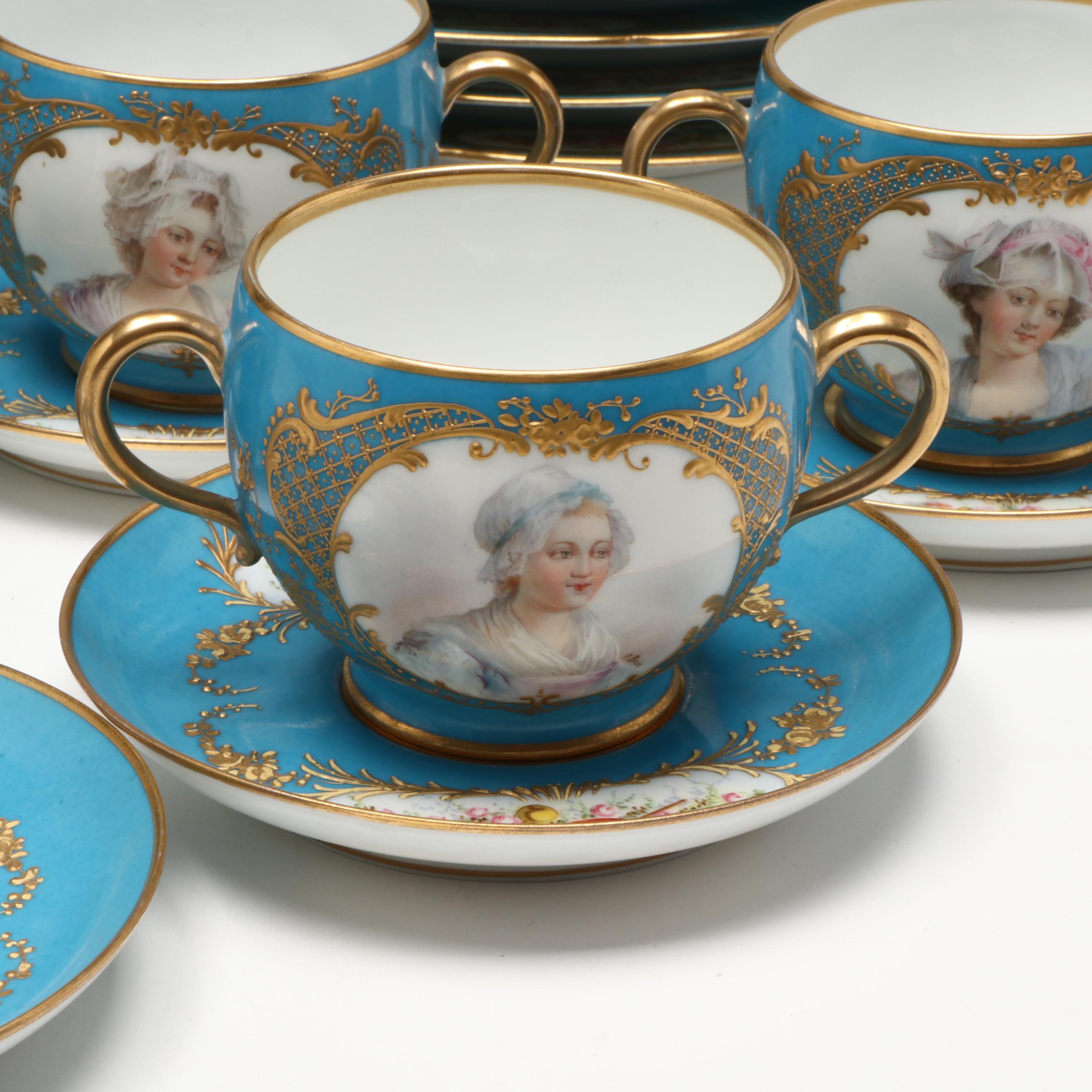 Sèvres Porcelain Bleu Céleste Plates with Two-Handled Cups and Saucers