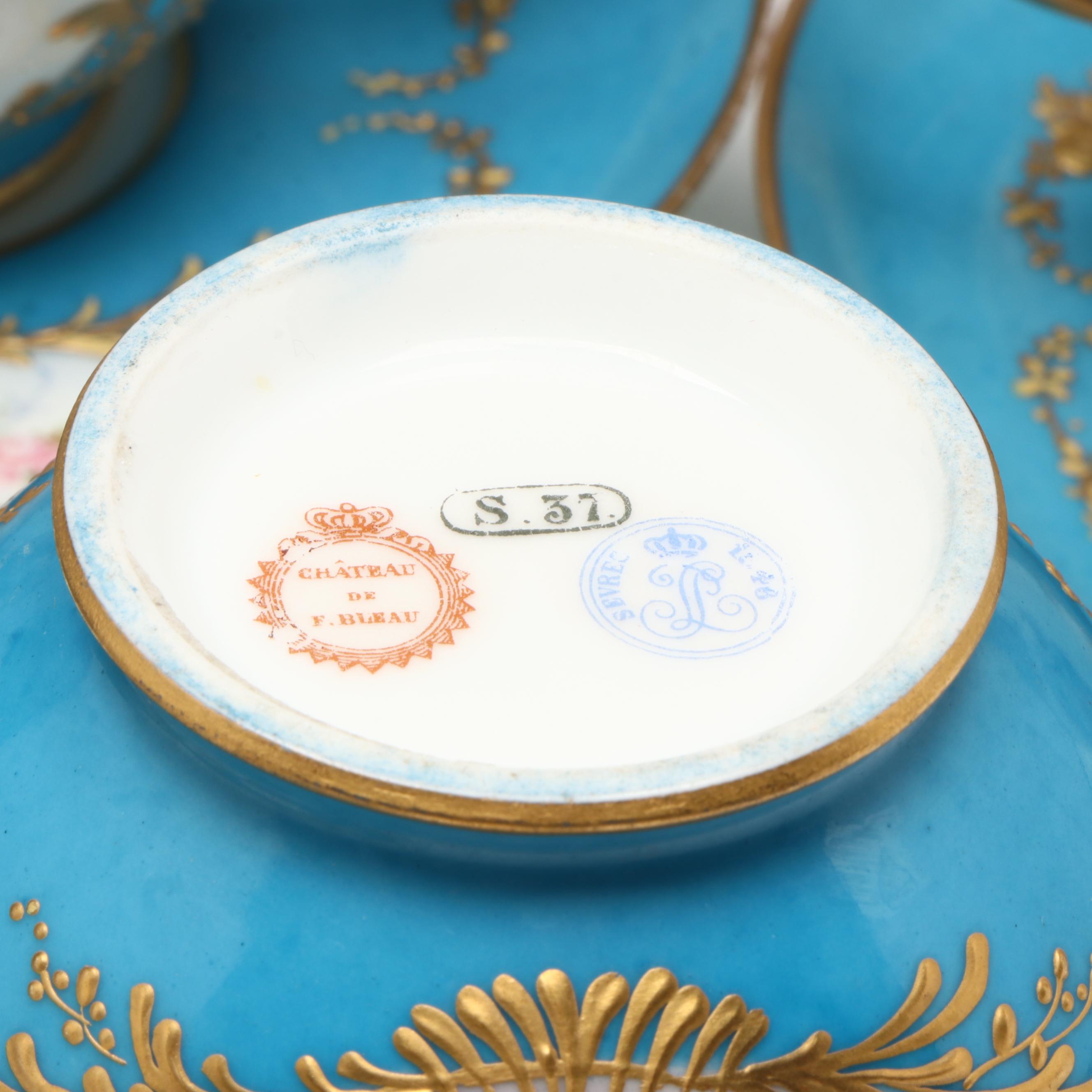 Sèvres Porcelain Bleu Céleste Plates with Two-Handled Cups and Saucers