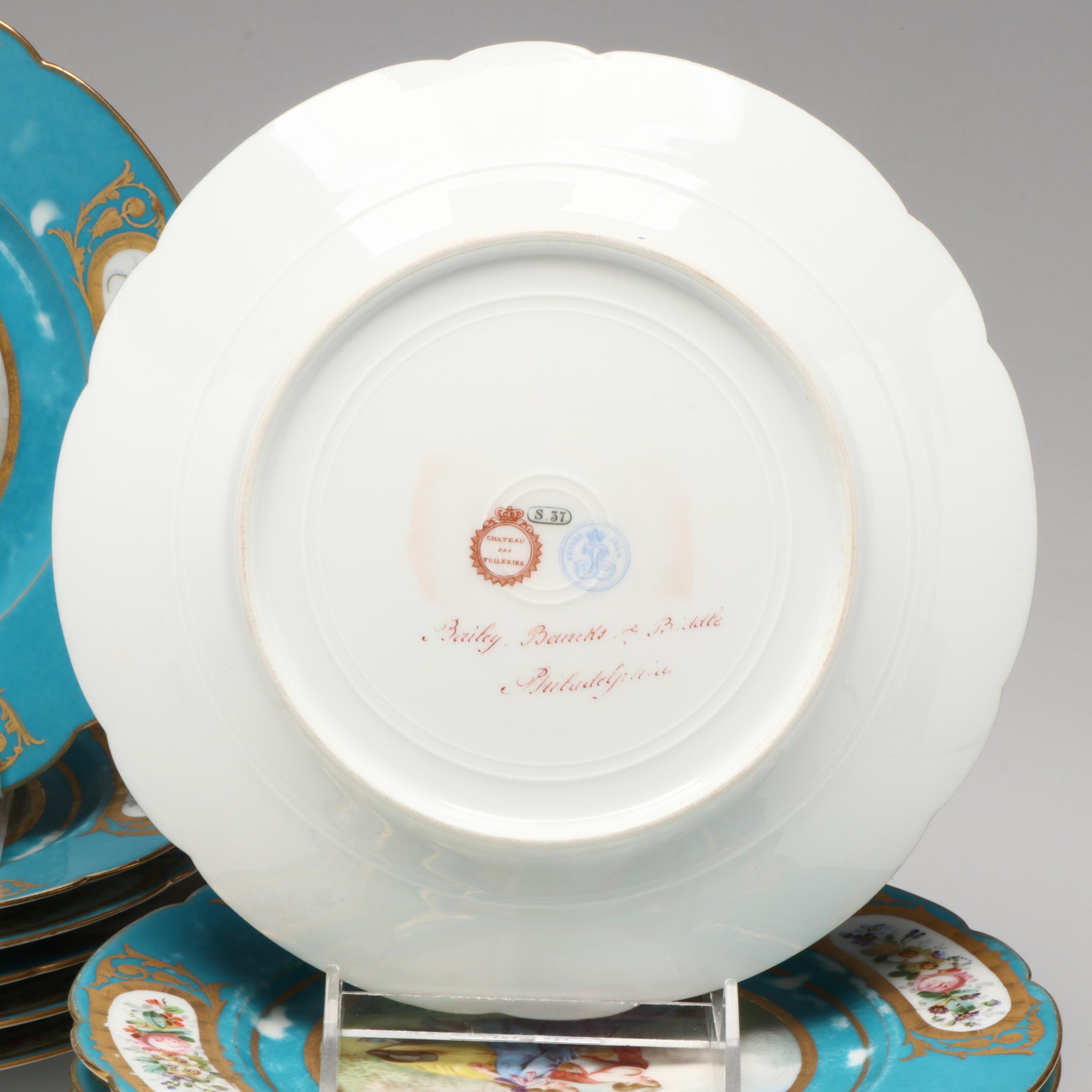 Sèvres Porcelain Bleu Céleste Plates with Two-Handled Cups and Saucers