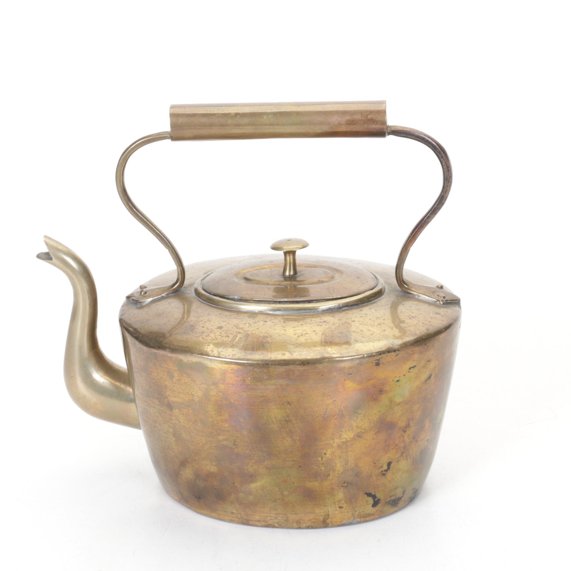 English and Chinese Brass Teapots  and Silent Butler, Early 20th Century