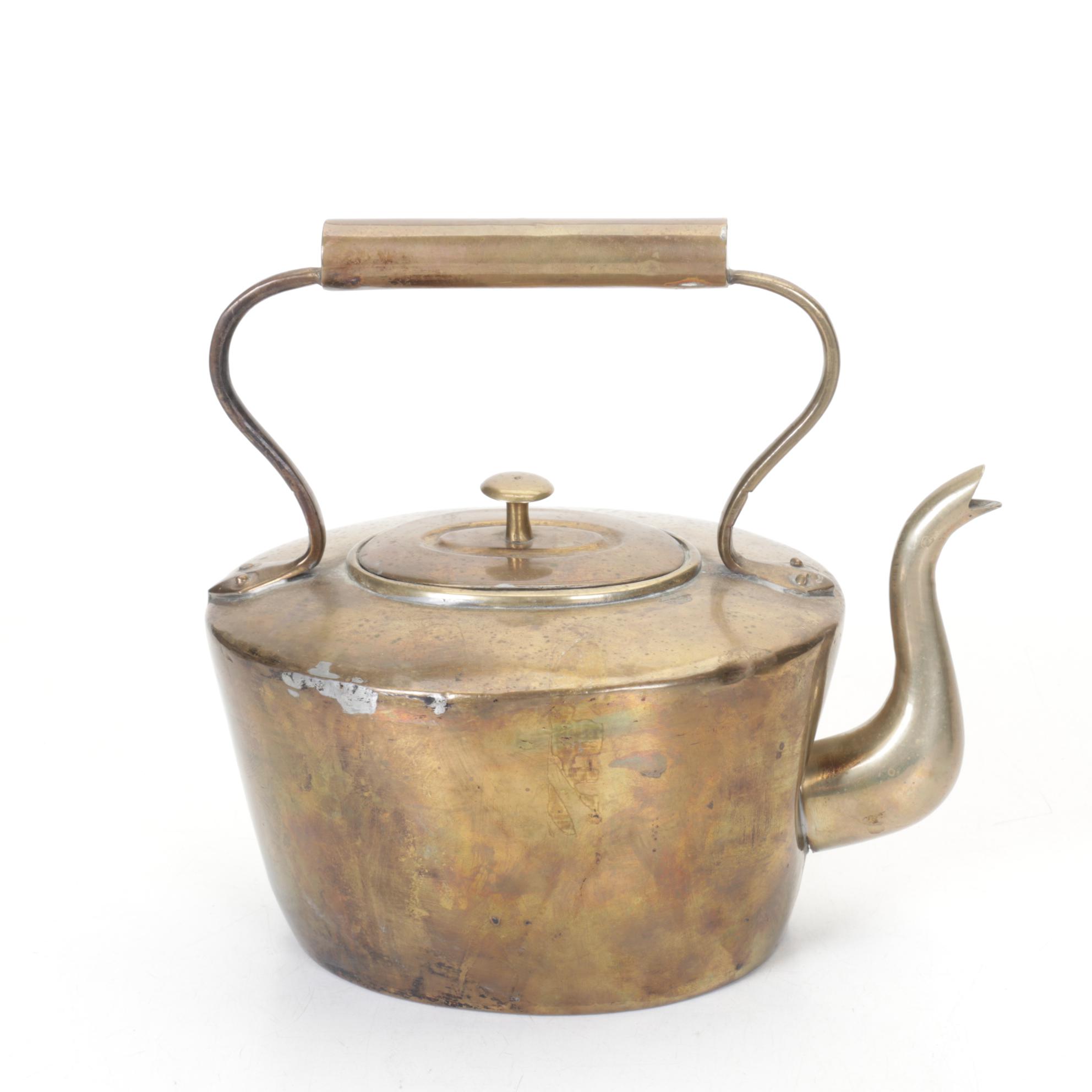 English and Chinese Brass Teapots  and Silent Butler, Early 20th Century