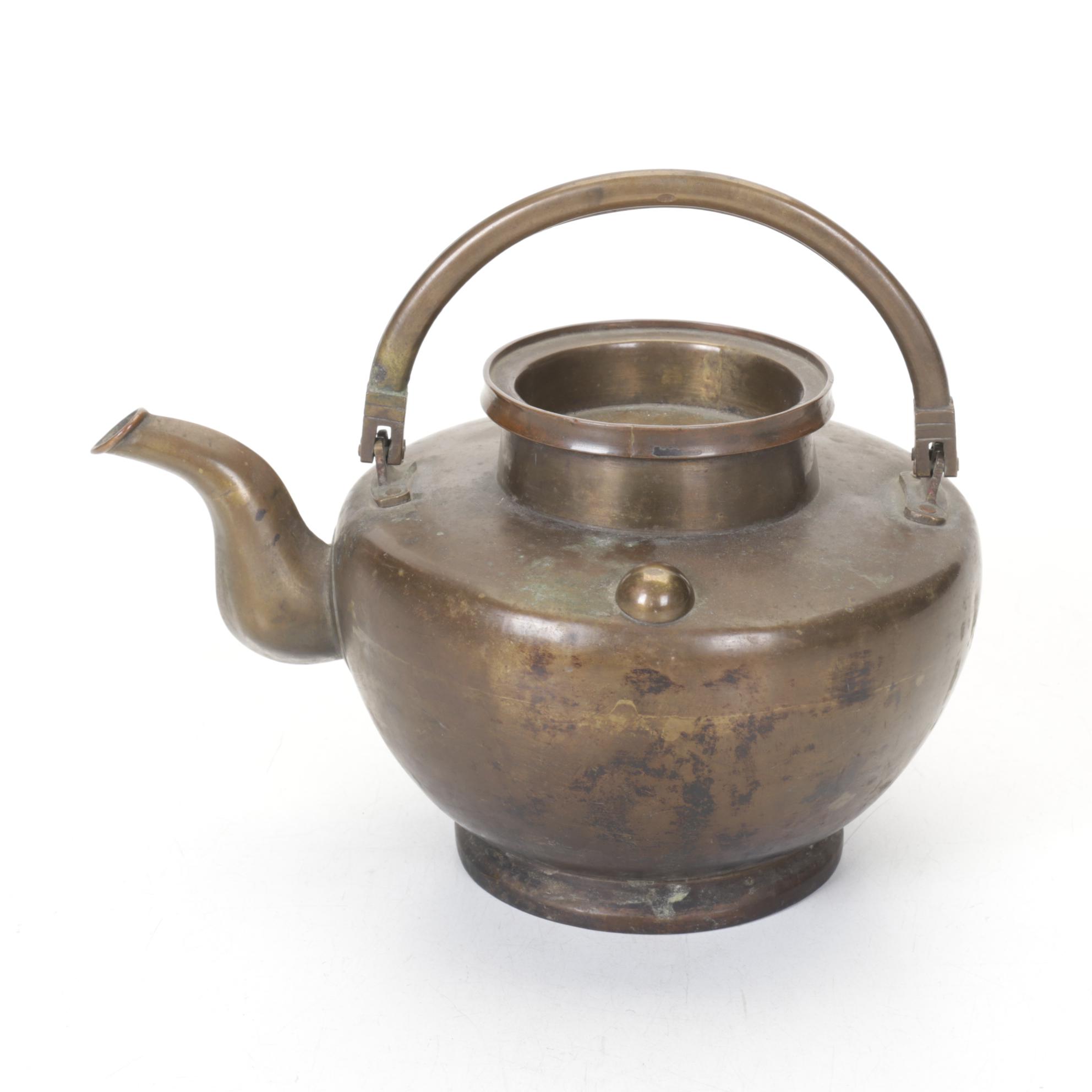 English and Chinese Brass Teapots  and Silent Butler, Early 20th Century