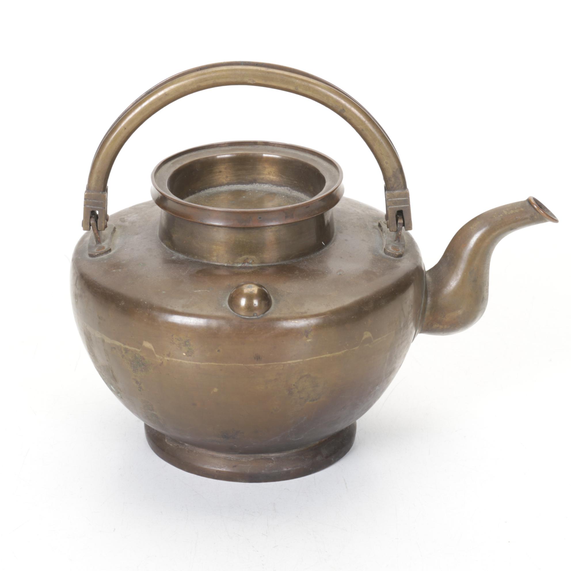 English and Chinese Brass Teapots  and Silent Butler, Early 20th Century