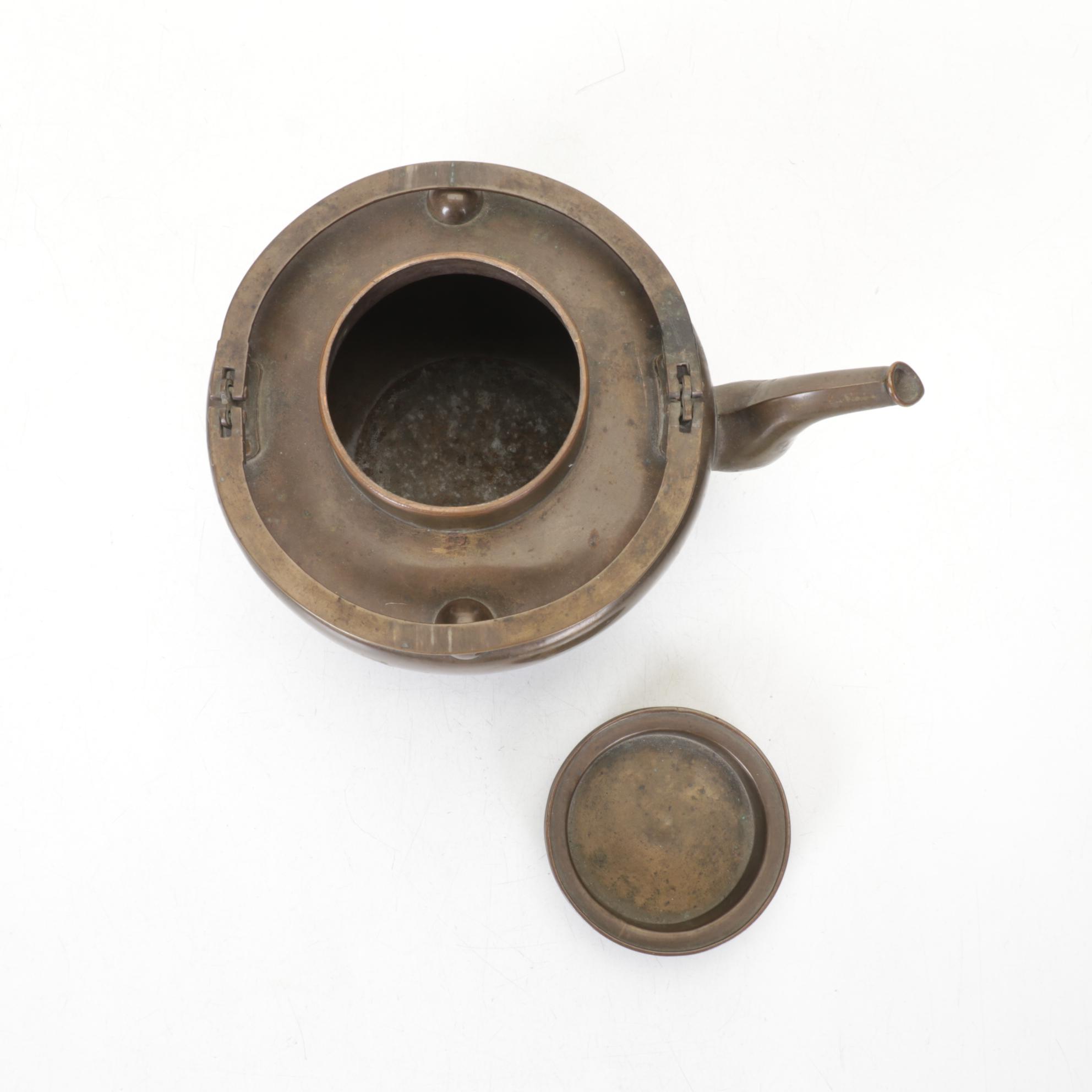 English and Chinese Brass Teapots  and Silent Butler, Early 20th Century