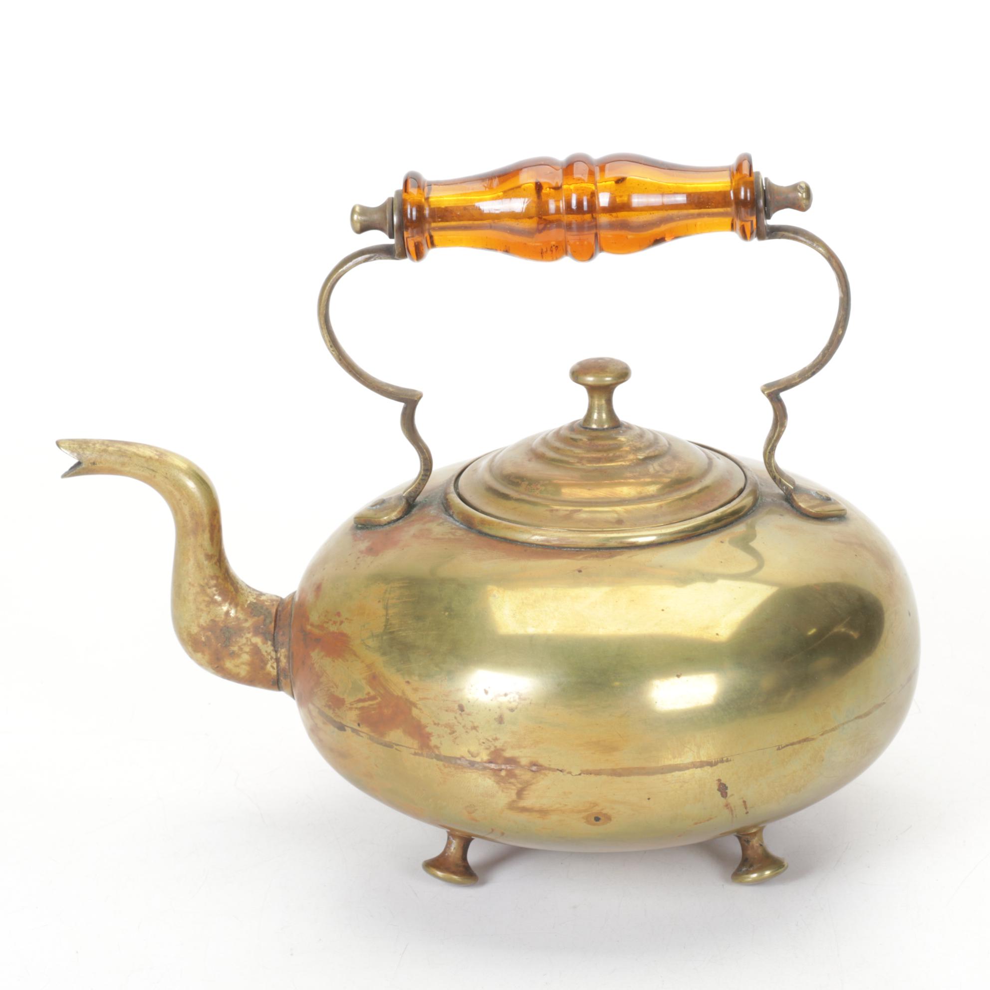 Amber Glass & Wood Handled Brass Kettles & Napkin Holder