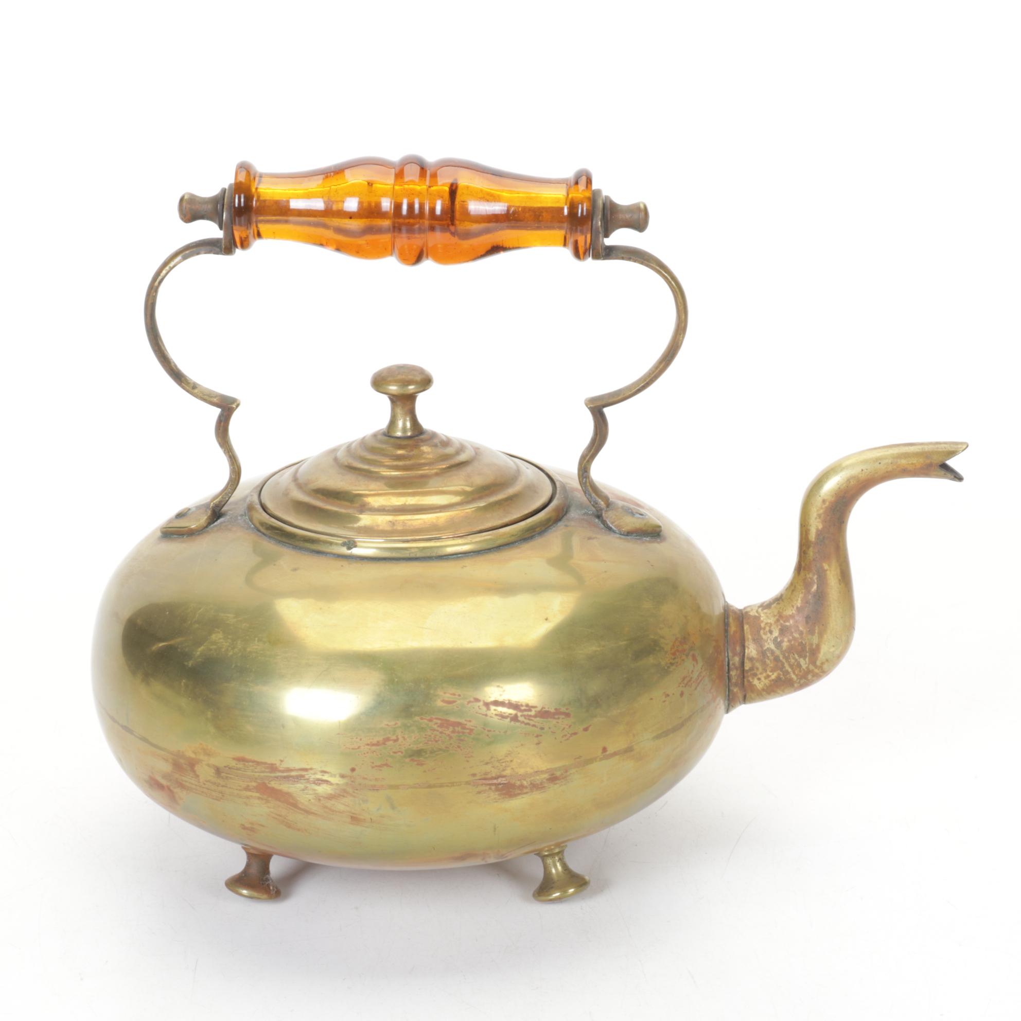 Amber Glass & Wood Handled Brass Kettles & Napkin Holder