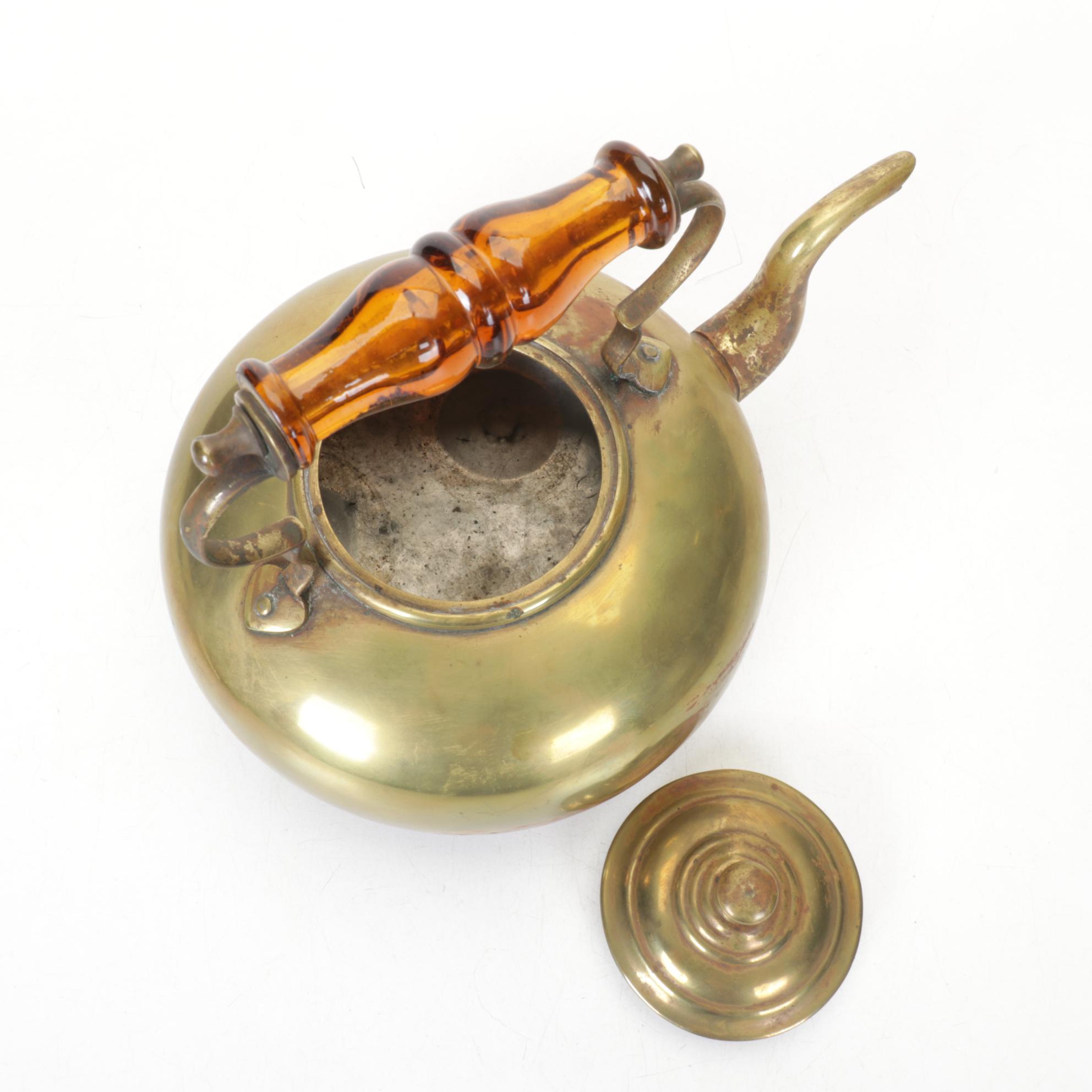 Amber Glass & Wood Handled Brass Kettles & Napkin Holder