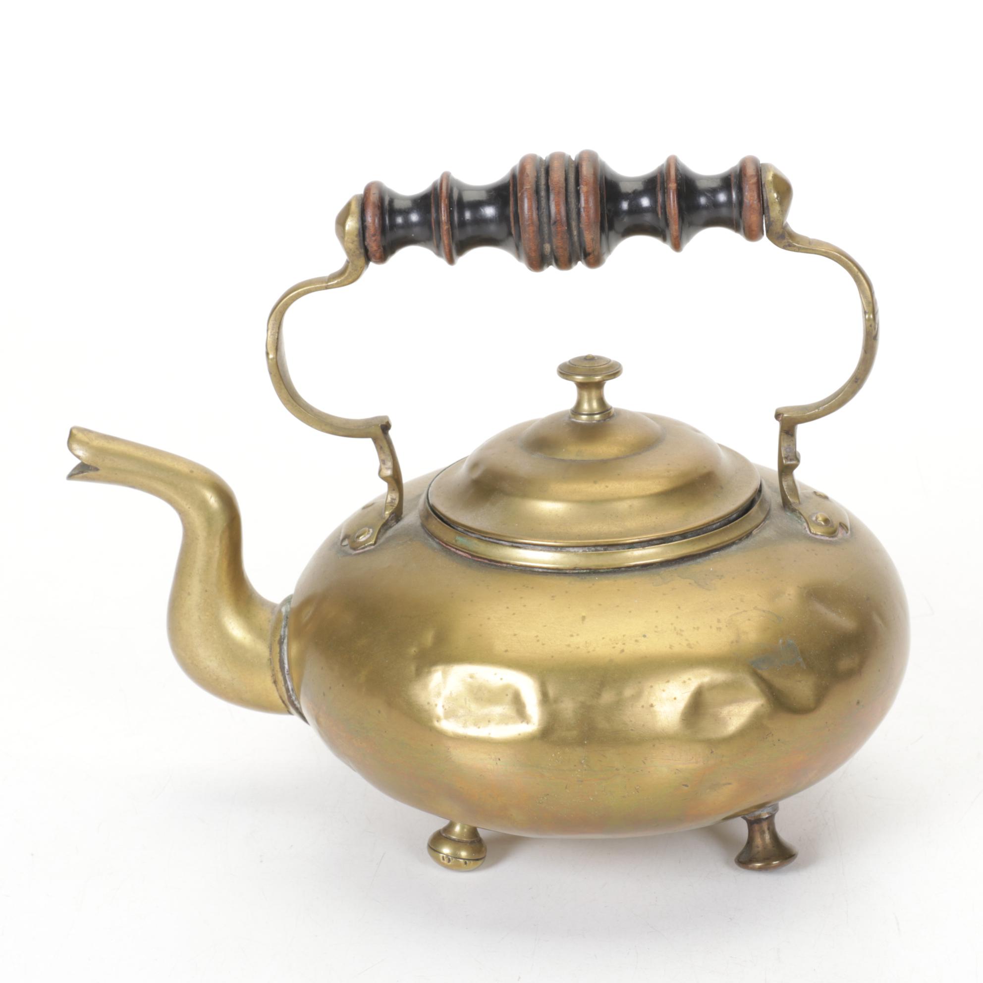 Amber Glass & Wood Handled Brass Kettles & Napkin Holder