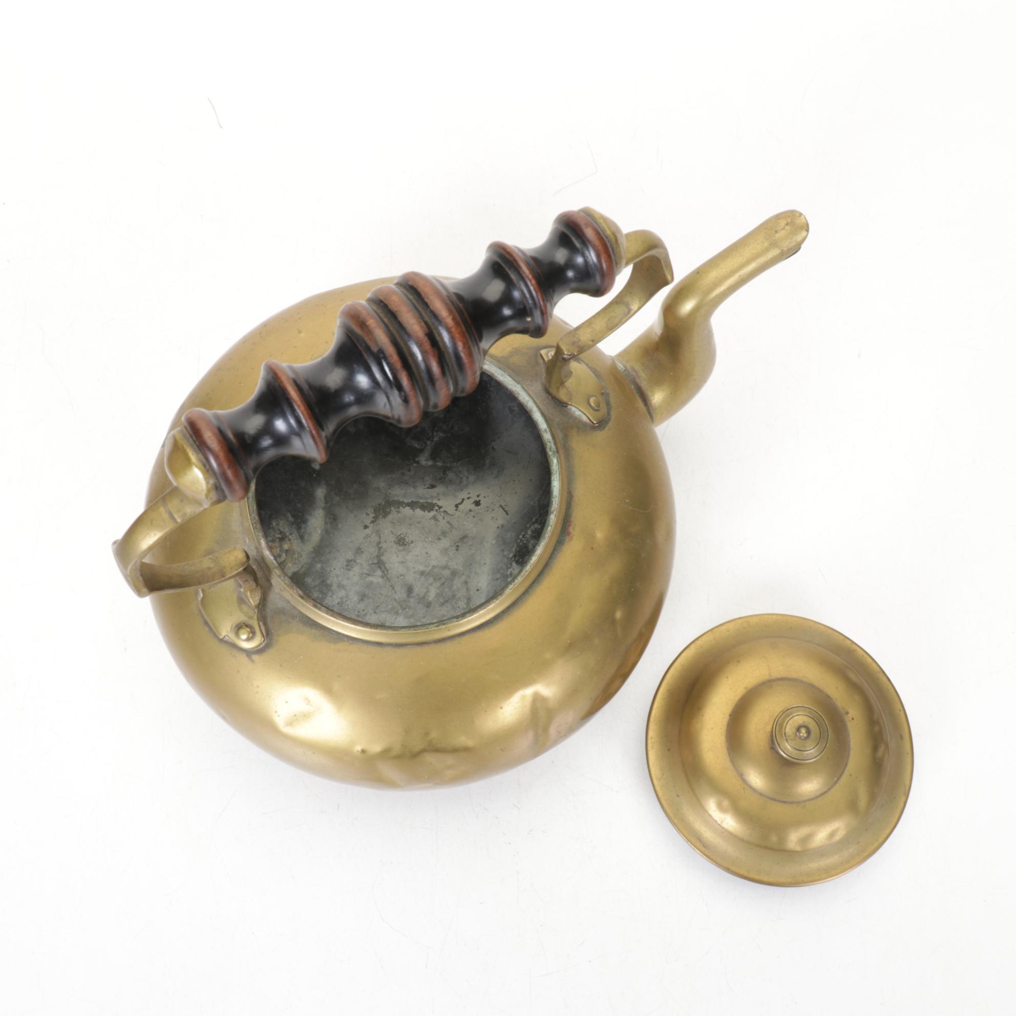 Amber Glass & Wood Handled Brass Kettles & Napkin Holder