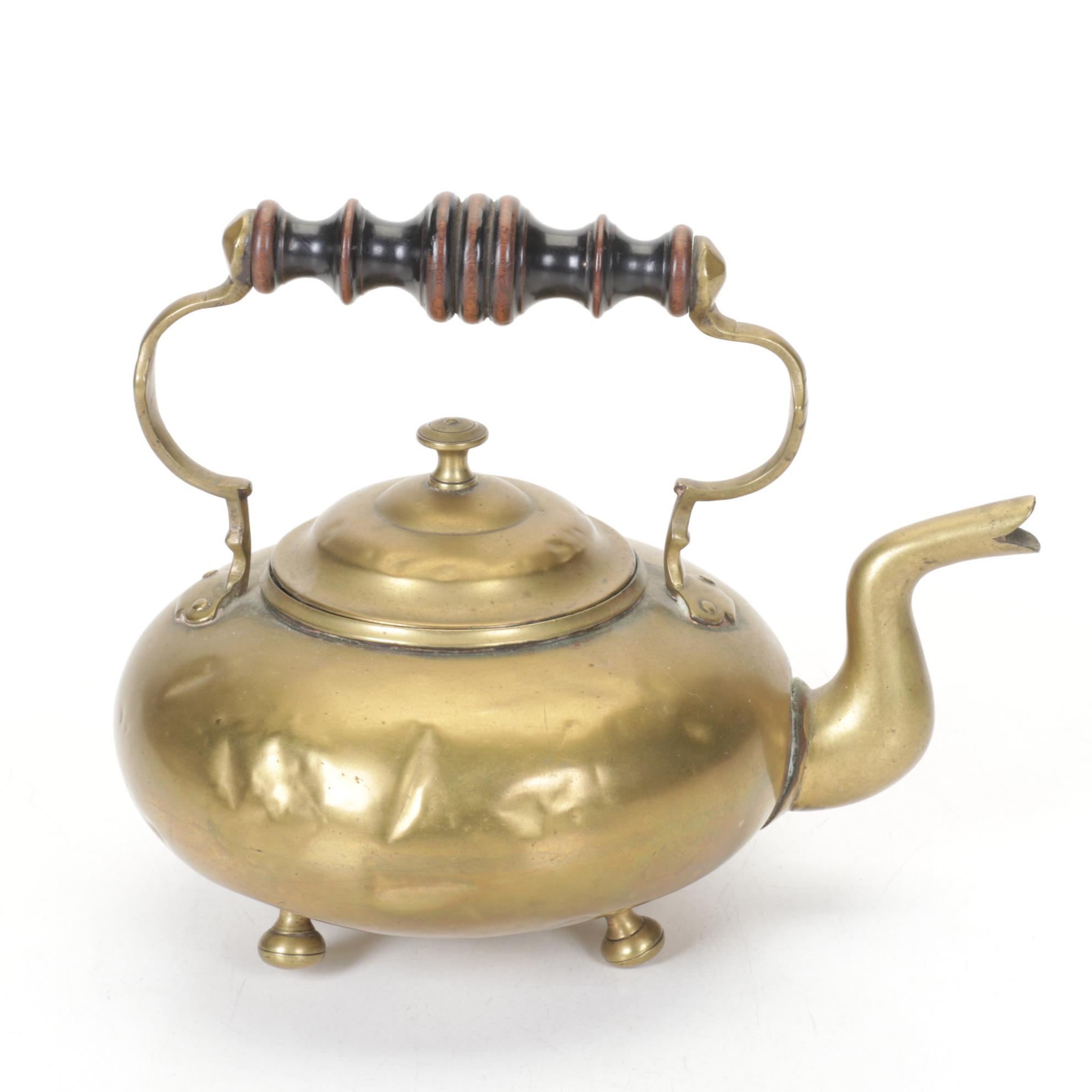 Amber Glass & Wood Handled Brass Kettles & Napkin Holder