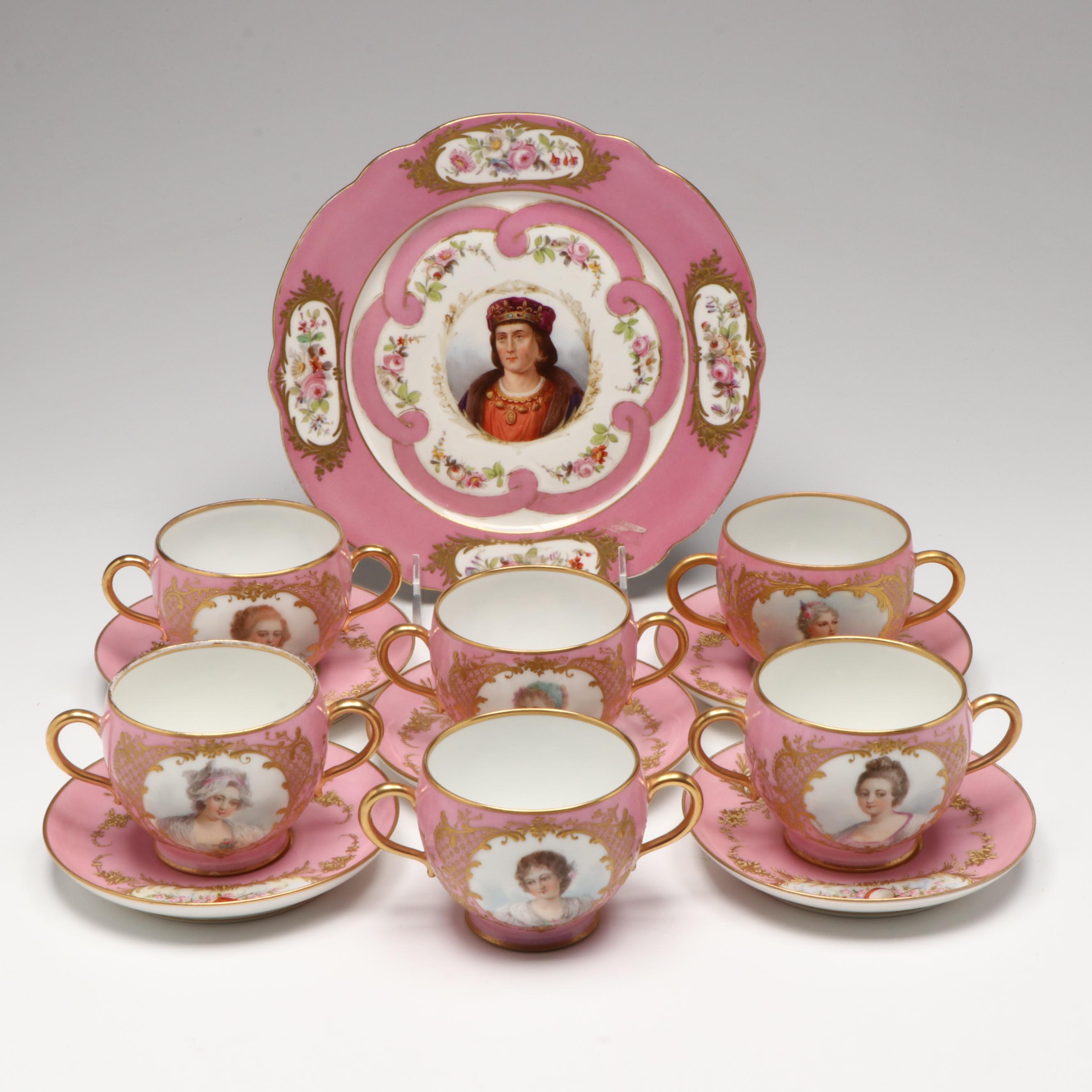 Sèvres Porcelain Fond Rose Portrait Tazza with Two Handled Cups and Saucers
