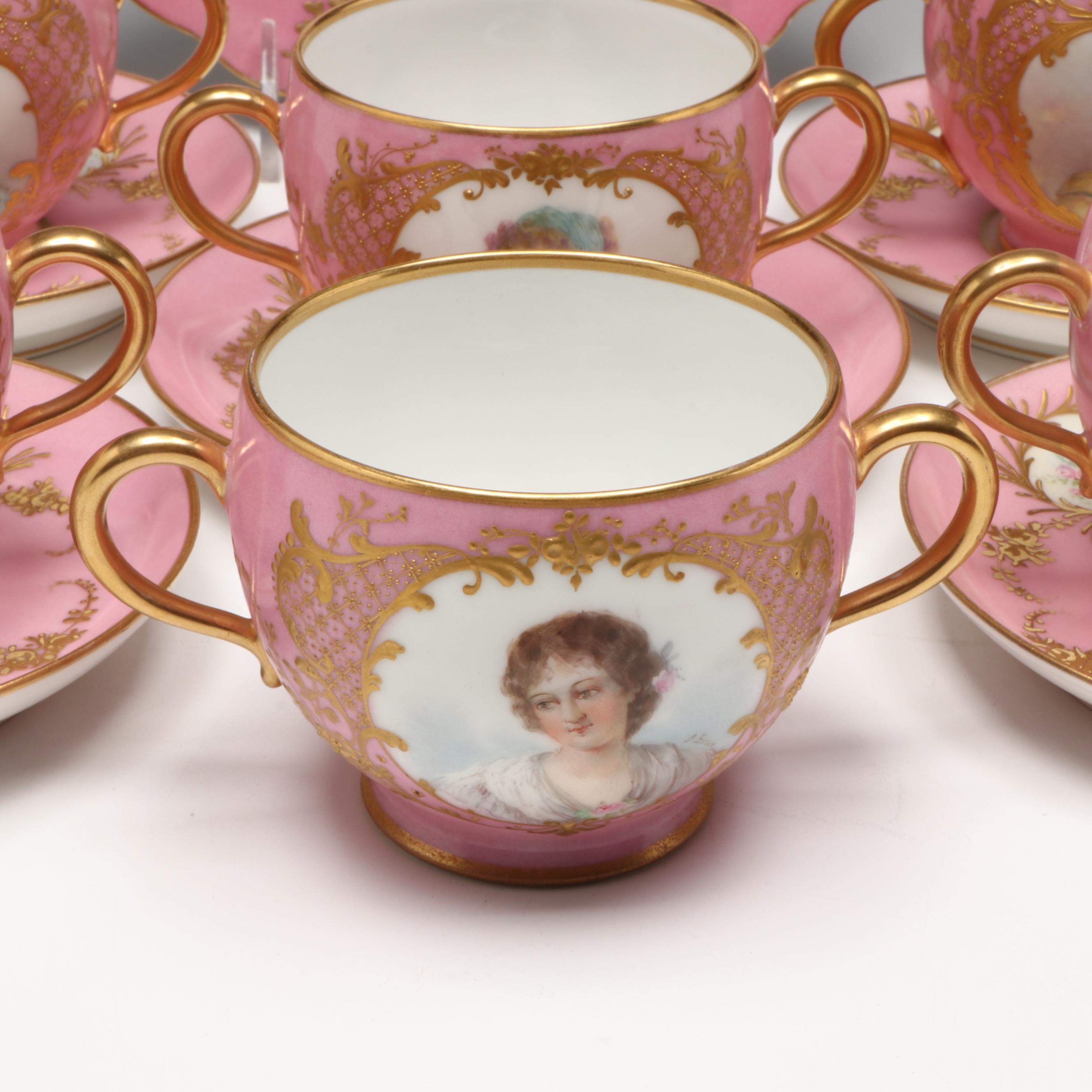 Sèvres Porcelain Fond Rose Portrait Tazza with Two Handled Cups and Saucers
