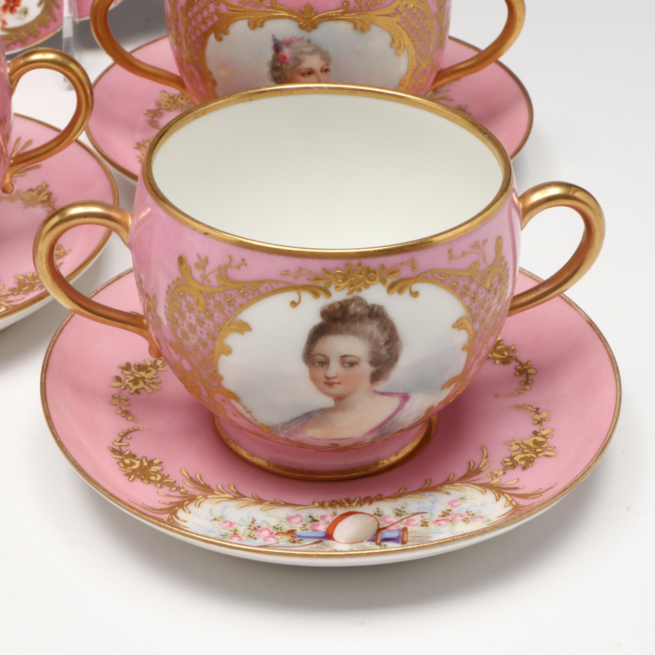 Sèvres Porcelain Fond Rose Portrait Tazza with Two Handled Cups and Saucers