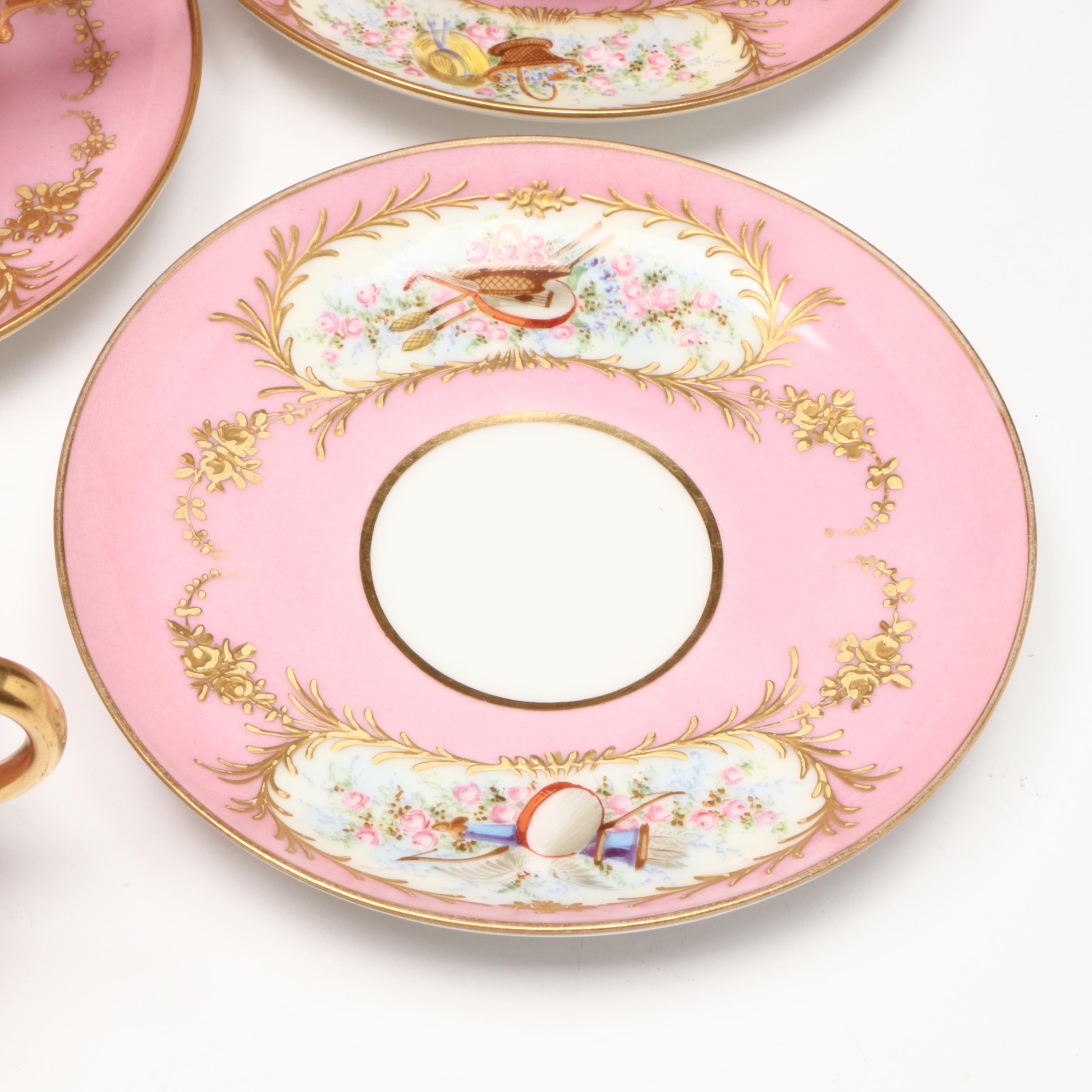 Sèvres Porcelain Fond Rose Portrait Tazza with Two Handled Cups and Saucers