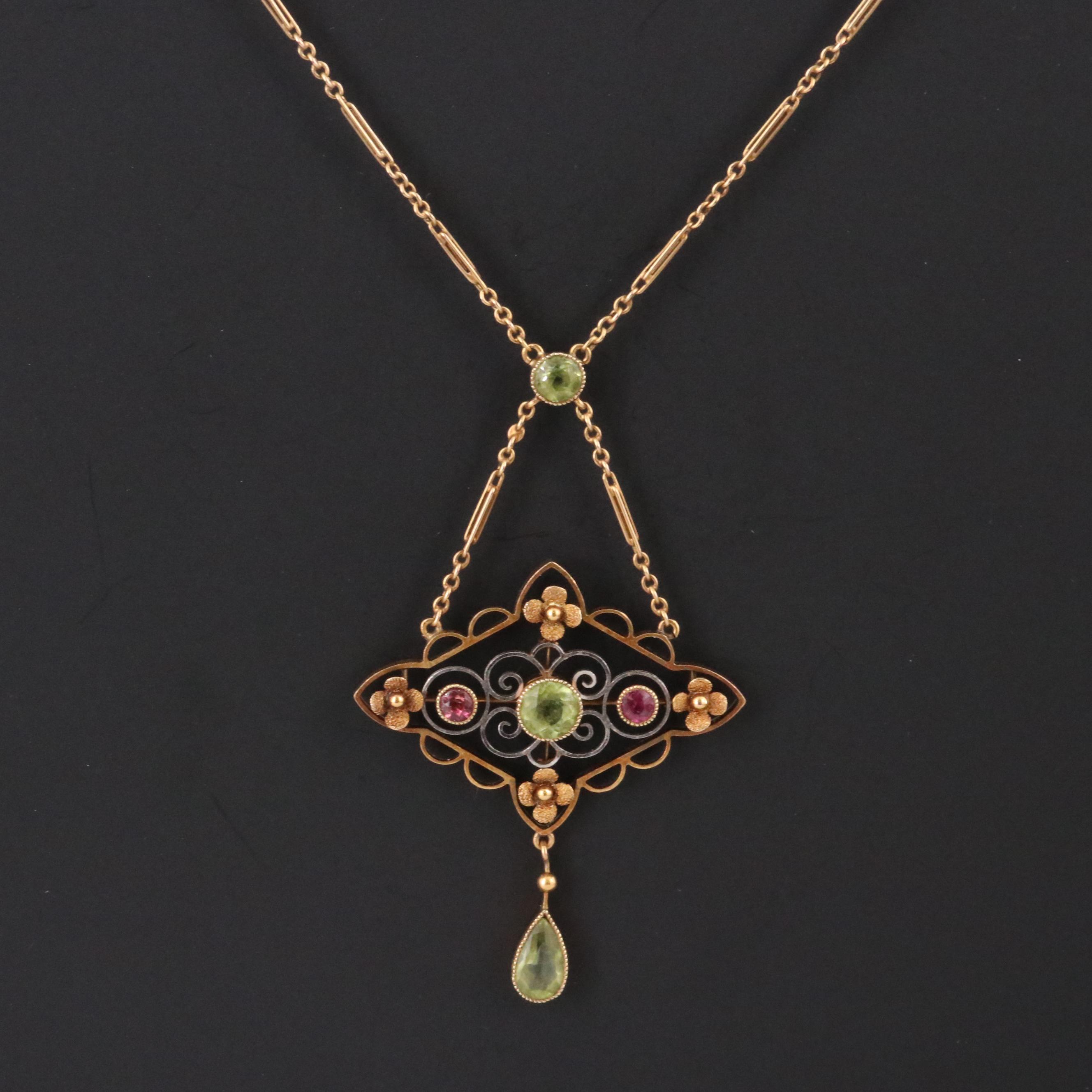 Arts & Crafts 15K Peridot and Tourmaline Necklace with Platinum Accent