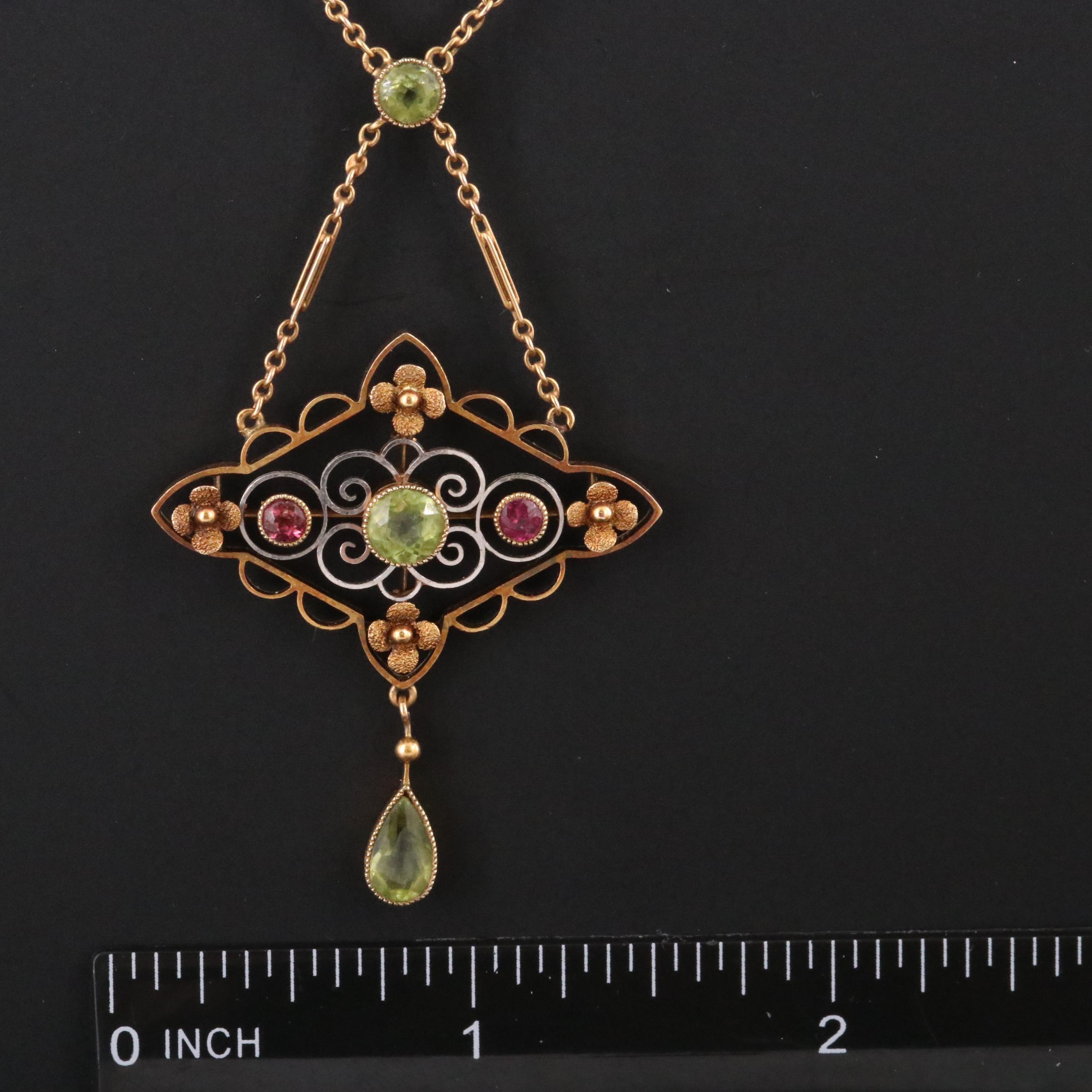 Arts & Crafts 15K Peridot and Tourmaline Necklace with Platinum Accent