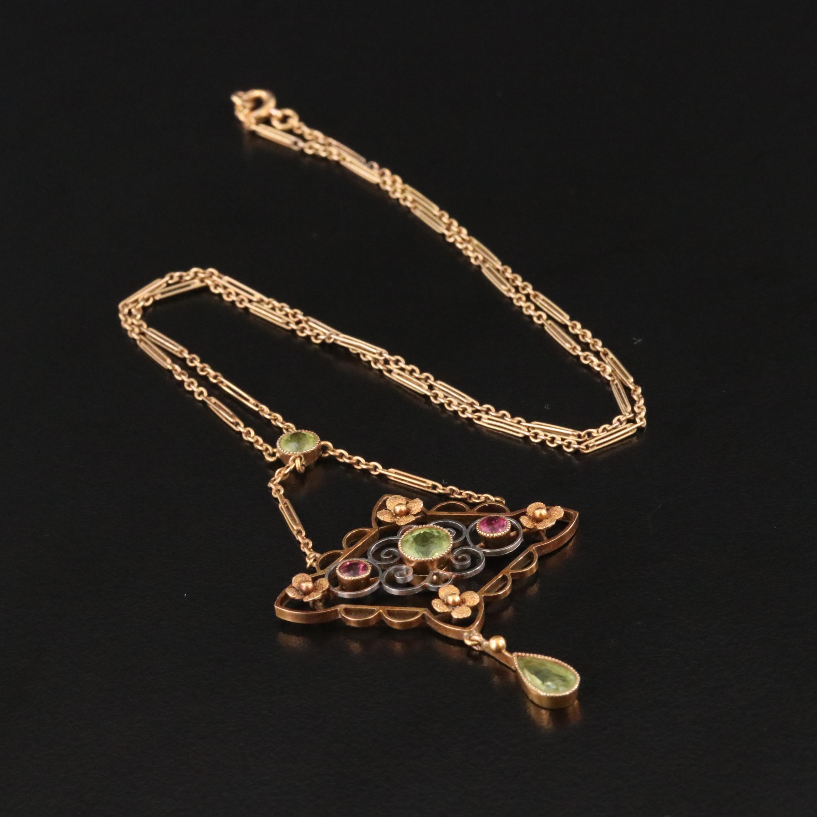 Arts & Crafts 15K Peridot and Tourmaline Necklace with Platinum Accent