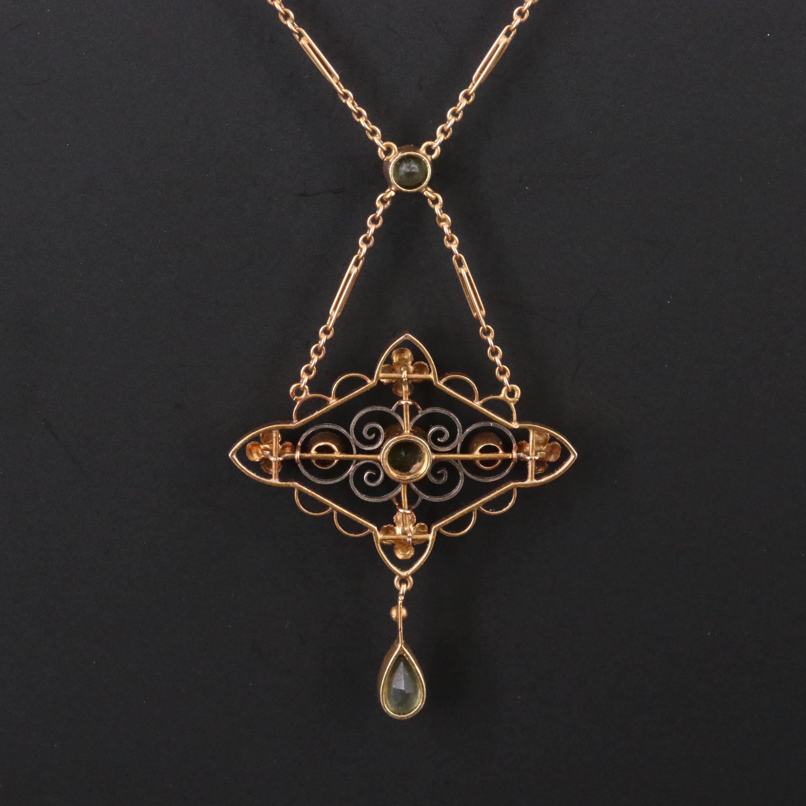 Arts & Crafts 15K Peridot and Tourmaline Necklace with Platinum Accent