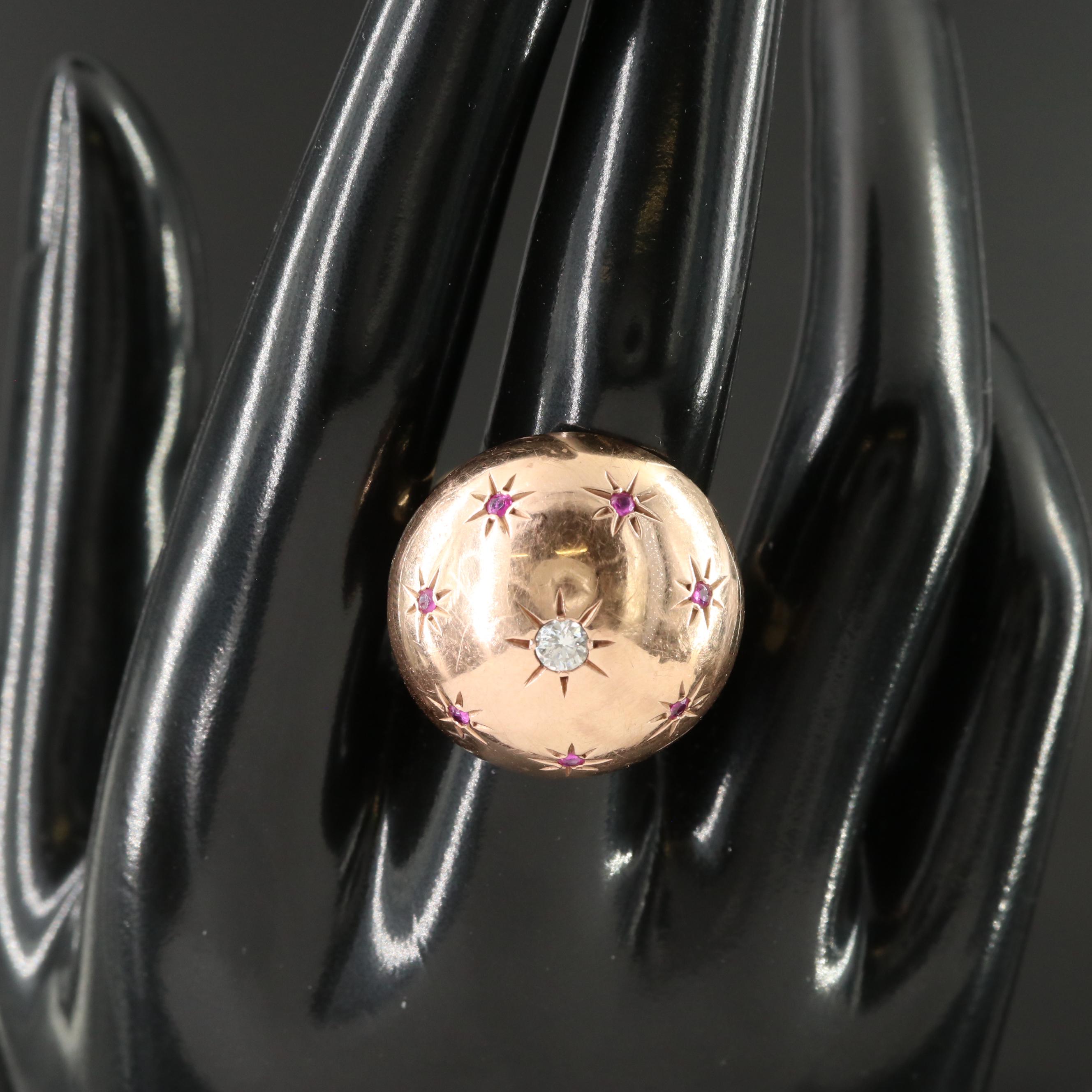 Retro 14K Rose Gold and 18K 0.17 CT Diamond and Ruby Dome Ring