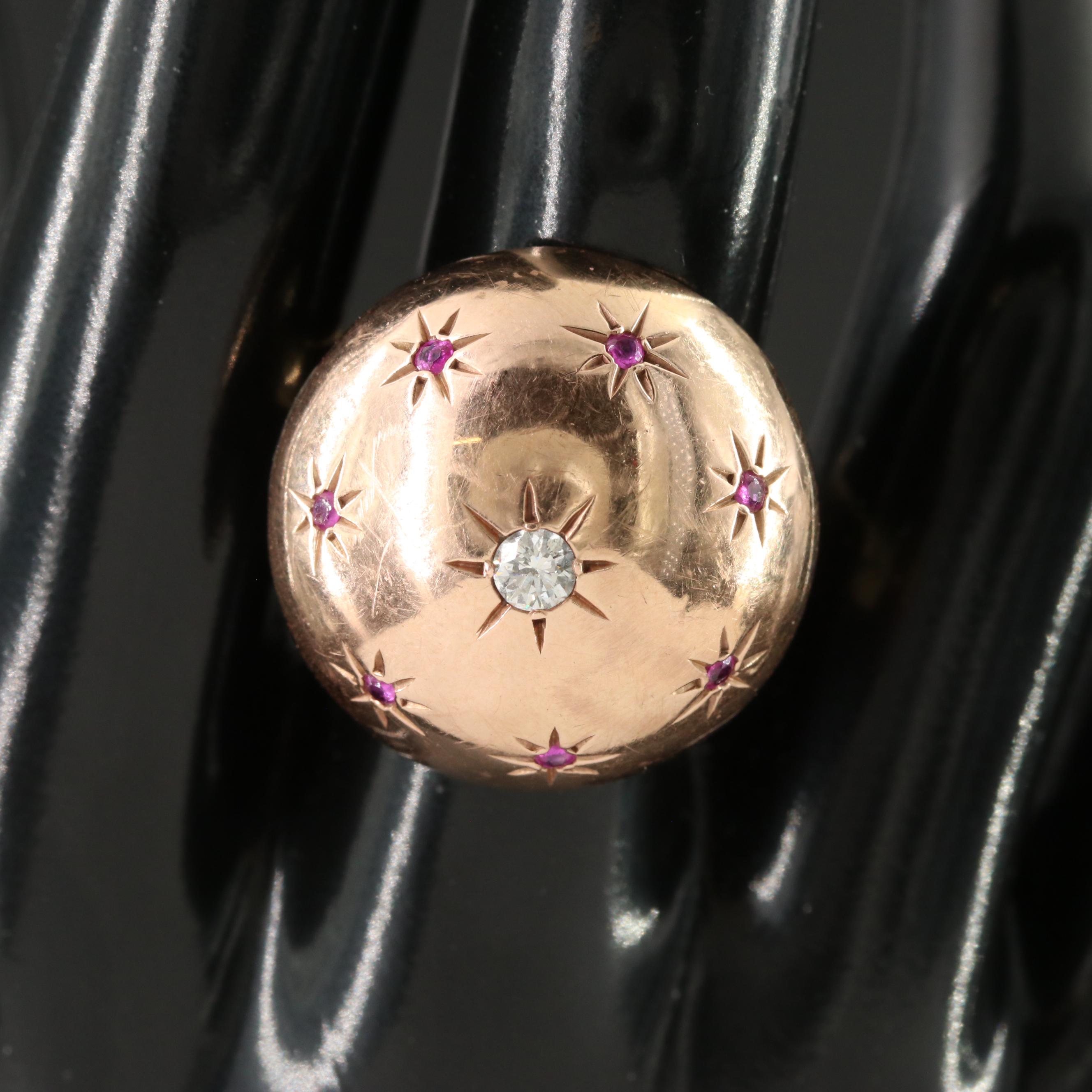 Retro 14K Rose Gold and 18K 0.17 CT Diamond and Ruby Dome Ring