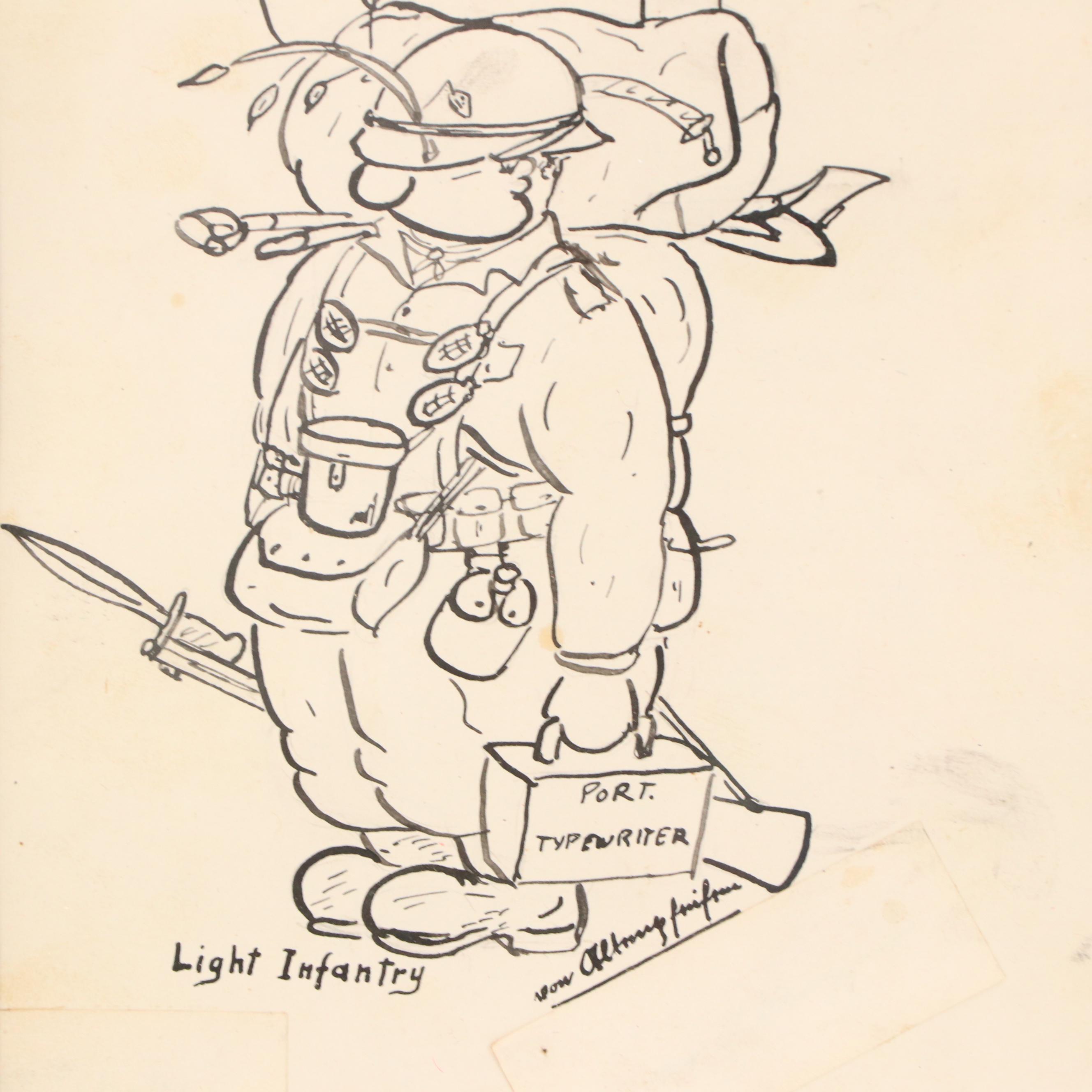 WWII Cartoon Ink Drawings Including "Smoked Earth Policy"