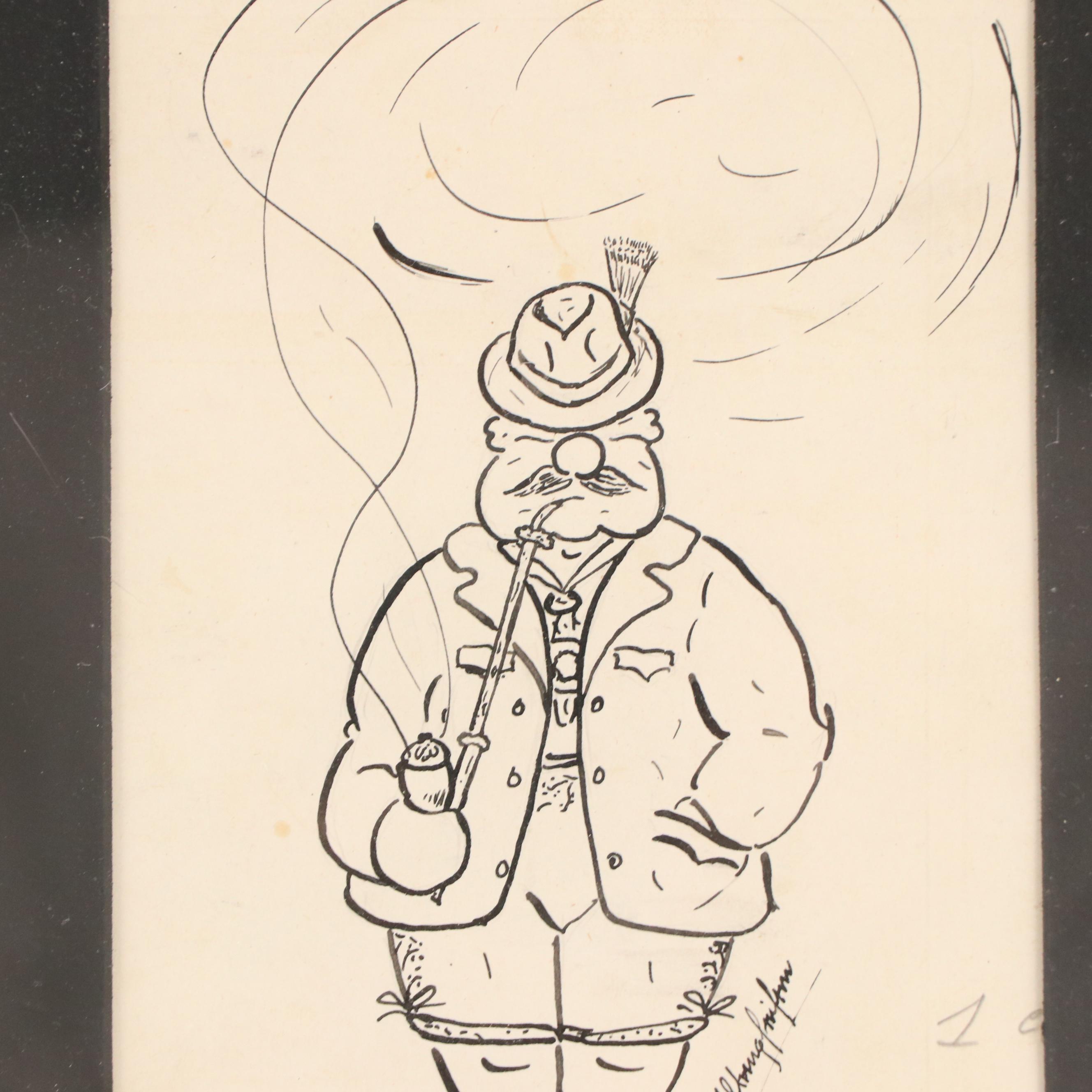 WWII Cartoon Ink Drawings Including "Smoked Earth Policy"