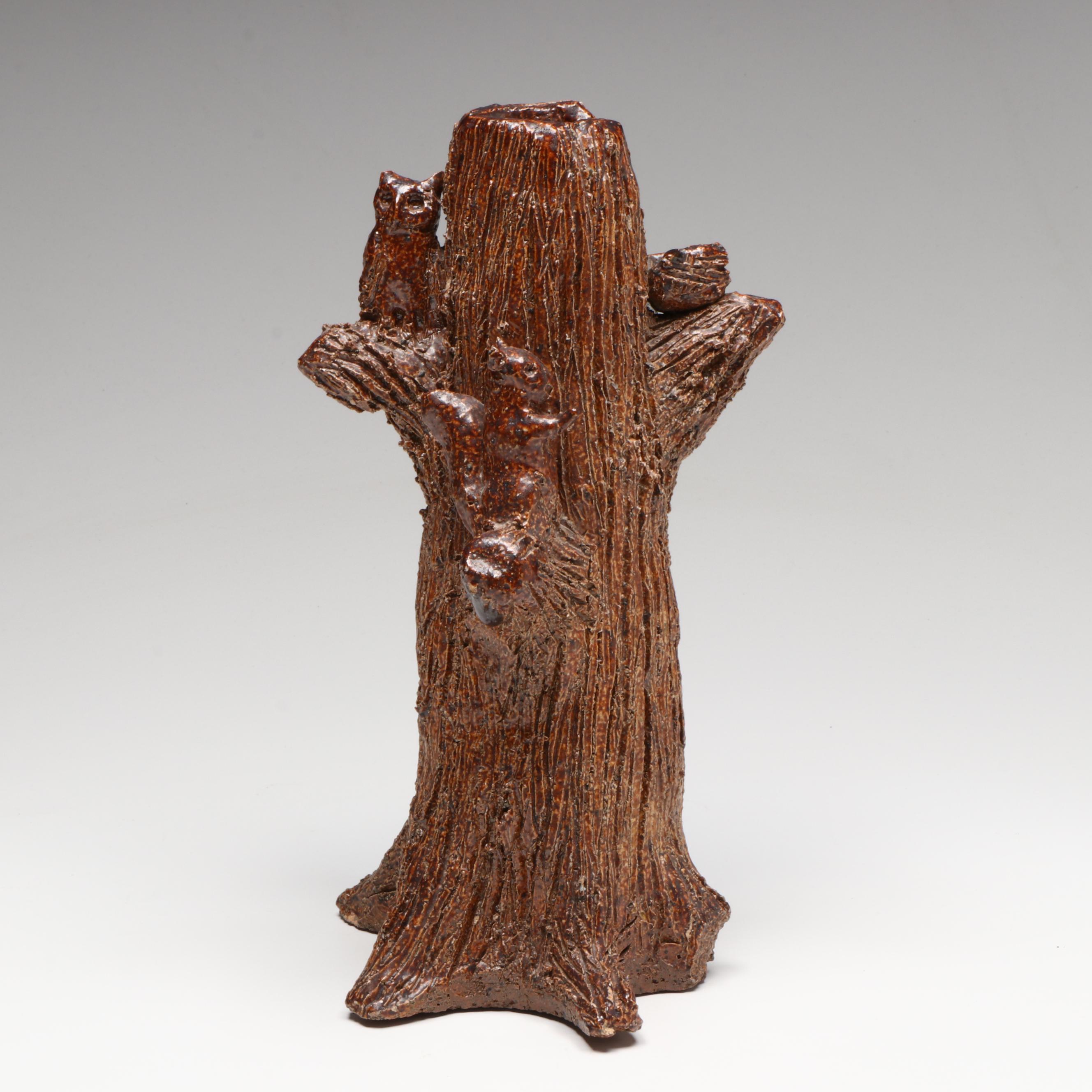 Sewer Tile Glazed Stoneware Tree Trunk and Raccoons, 19th Century