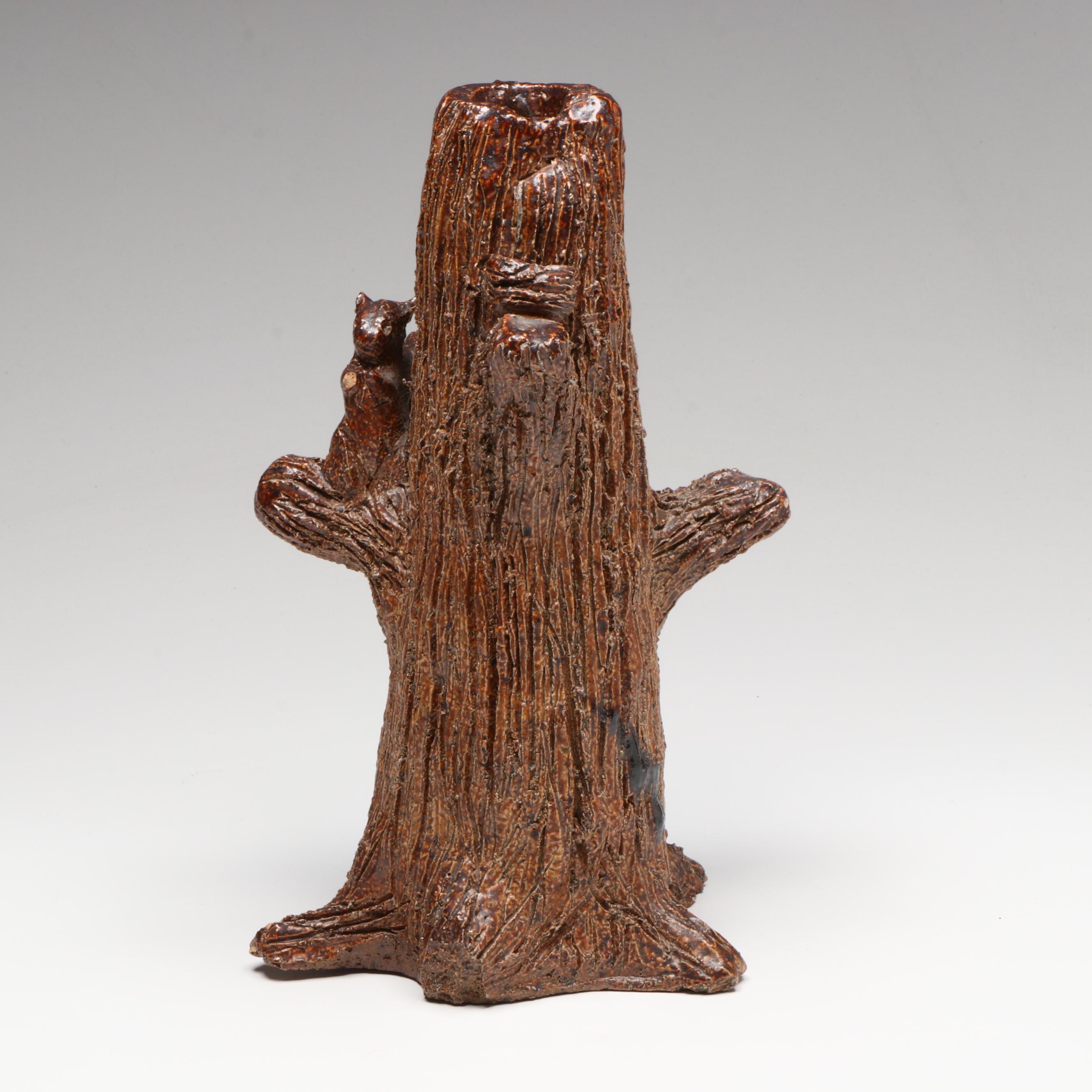 Sewer Tile Glazed Stoneware Tree Trunk and Raccoons, 19th Century