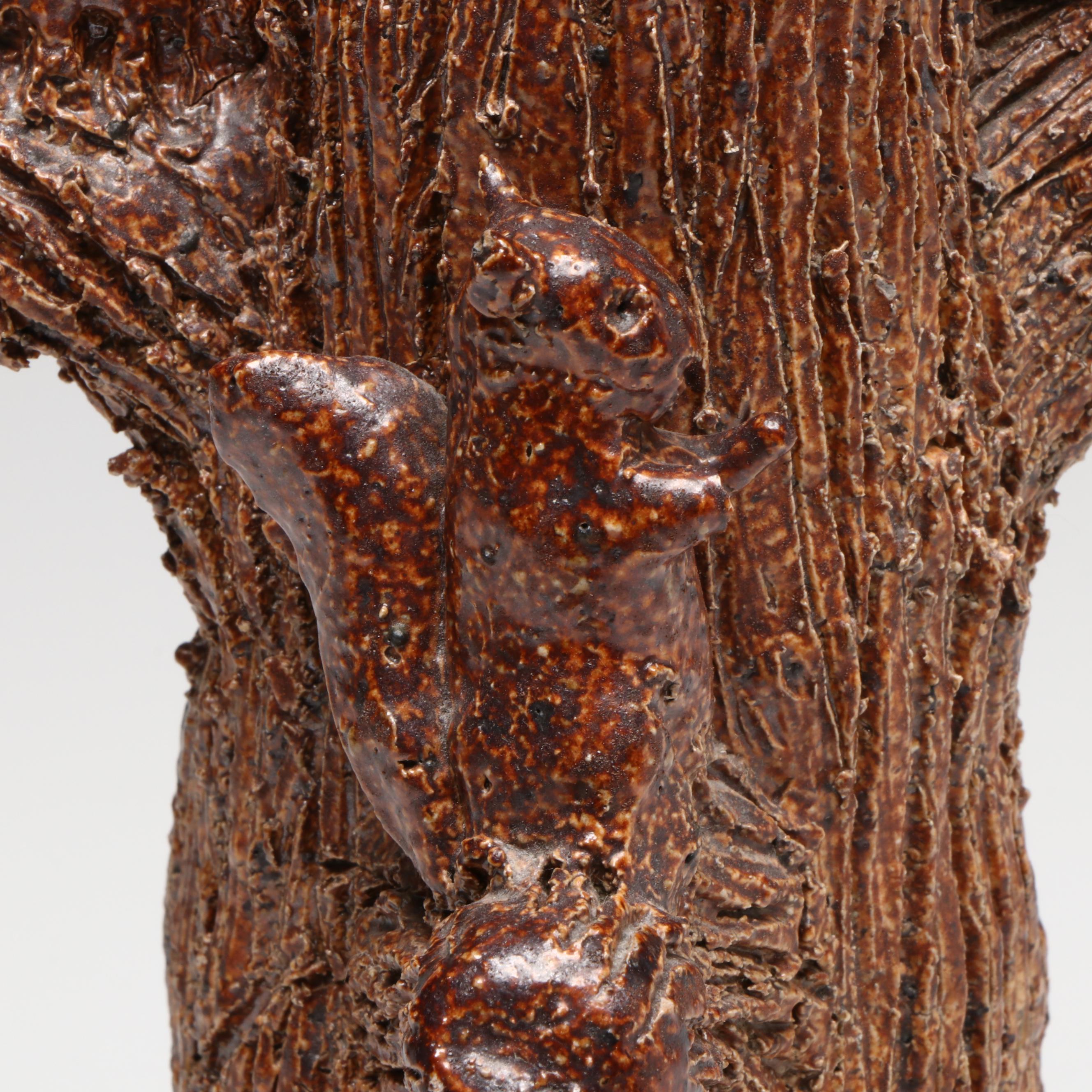 Sewer Tile Glazed Stoneware Tree Trunk and Raccoons, 19th Century