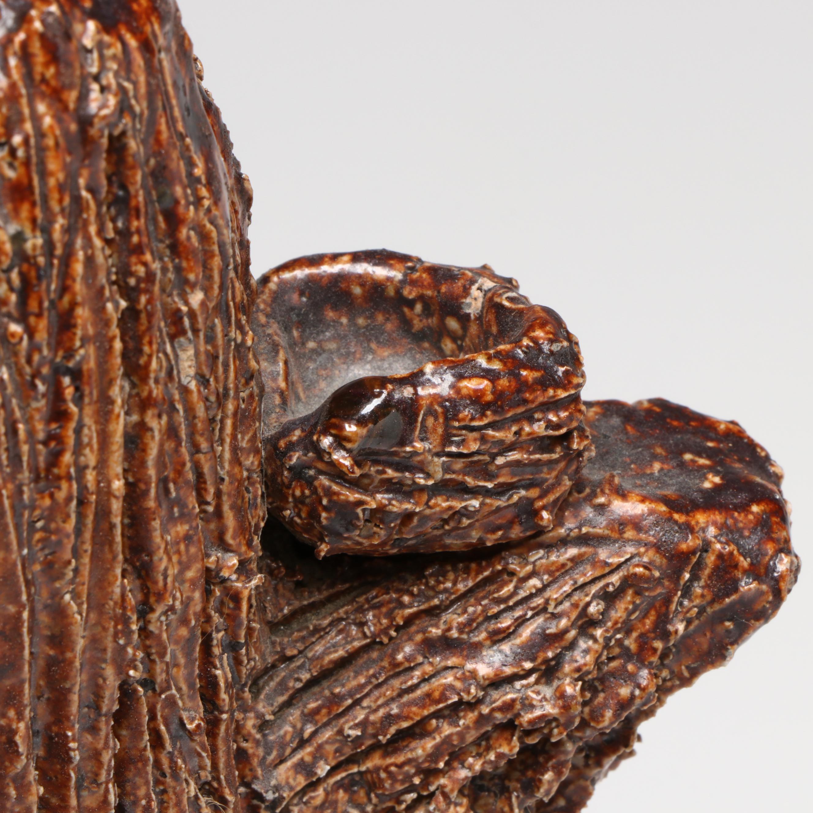 Sewer Tile Glazed Stoneware Tree Trunk and Raccoons, 19th Century