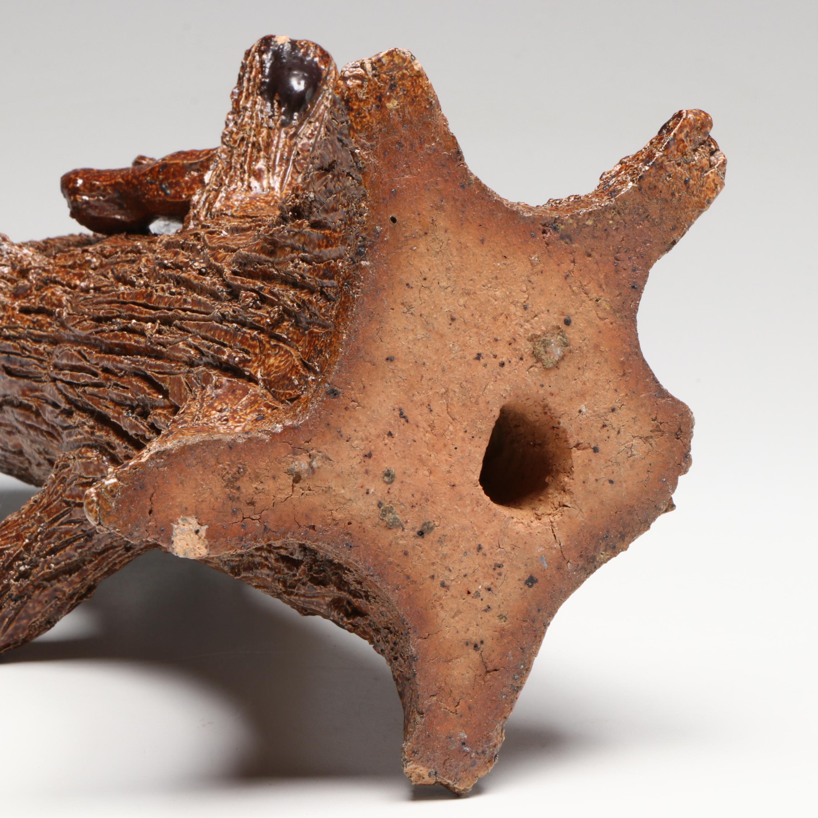 Sewer Tile Glazed Stoneware Tree Trunk and Raccoons, 19th Century